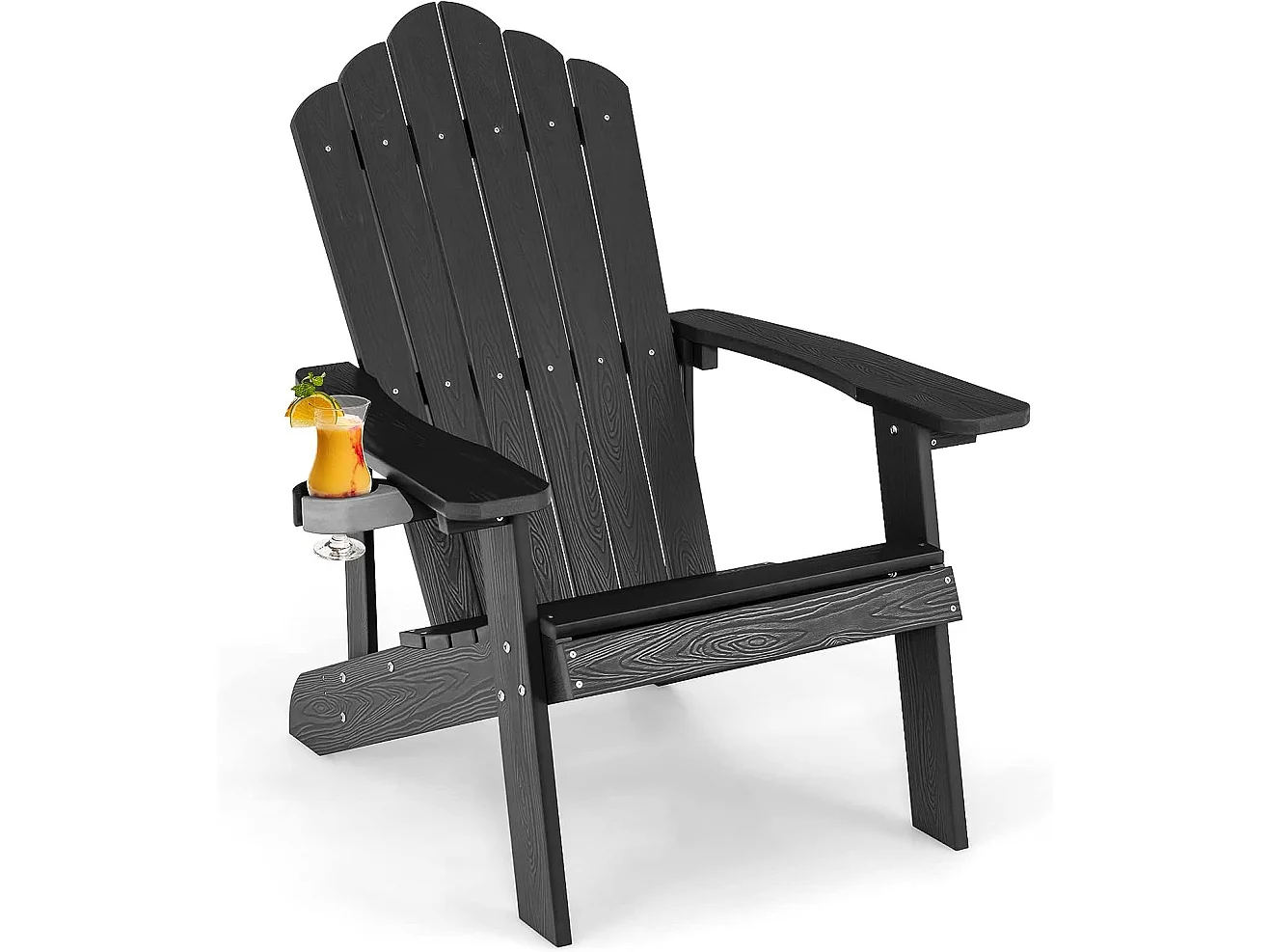 Fauteuil de Jardin Adirondack en HIPS Grain de Bois Réaliste, Chaise d'Extérieur Imperméable avec Porte-Gobelet Charge 170KG, pour Jardin Piscine Terrasse (Noir)