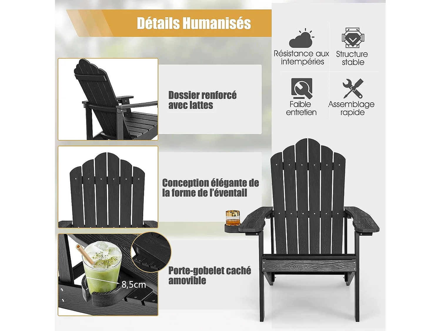 Fauteuil de Jardin Adirondack en HIPS Grain de Bois Réaliste, Chaise d'Extérieur Imperméable avec Porte-Gobelet Charge 170KG, pour Jardin Piscine Terrasse (Noir)