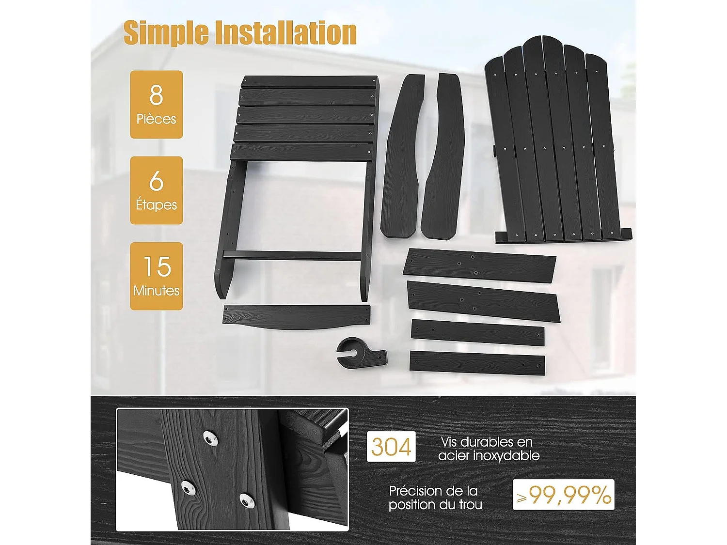 Fauteuil de Jardin Adirondack en HIPS Grain de Bois Réaliste, Chaise d'Extérieur Imperméable avec Porte-Gobelet Charge 170KG, pour Jardin Piscine Terrasse (Noir)