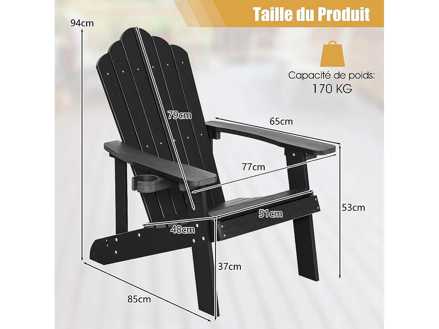 Fauteuil de Jardin Adirondack en HIPS Grain de Bois Réaliste, Chaise d'Extérieur Imperméable avec Porte-Gobelet Charge 170KG, pour Jardin Piscine Terrasse (Noir)
