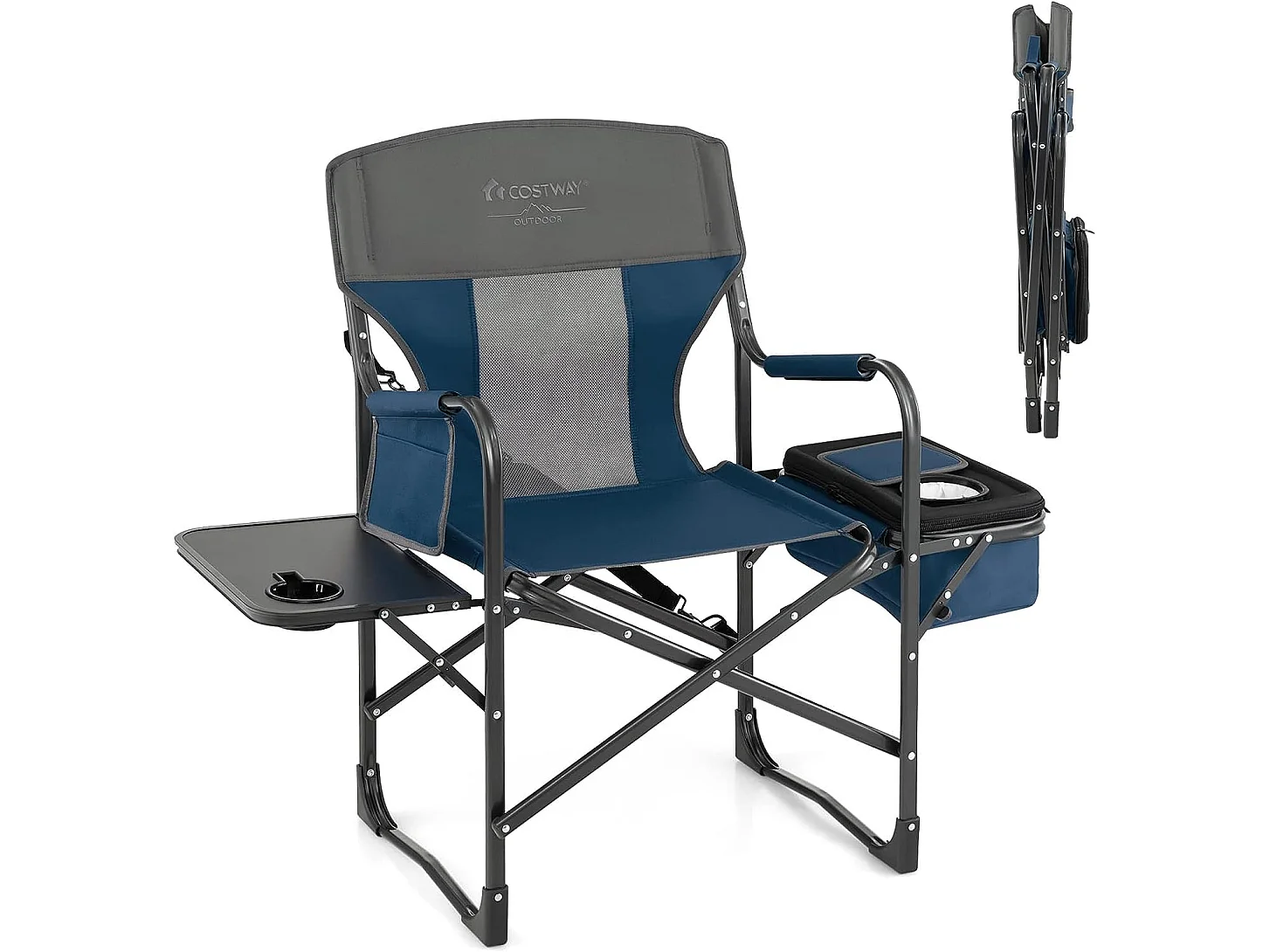 Chaise de Camping Pliante avec Table Latérale et Sac Isotherme Charge 180KG, avec Sangle (Bleu)