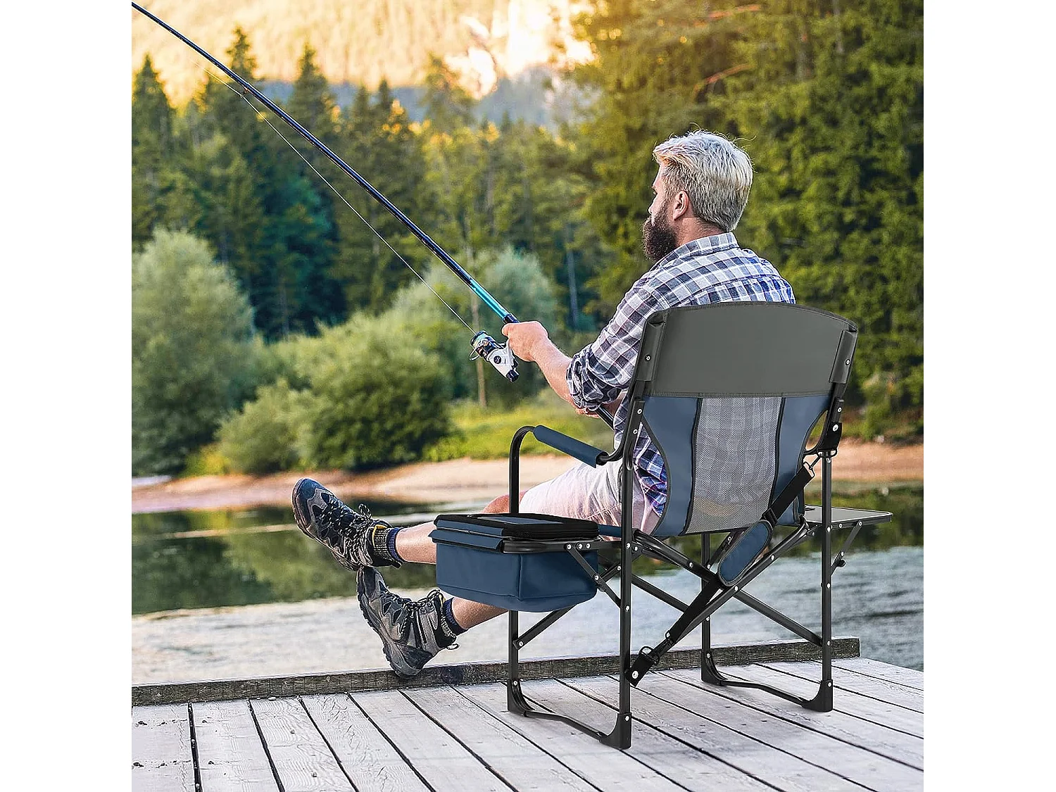 Chaise de Camping Pliante avec Table Latérale et Sac Isotherme Charge 180KG, avec Sangle (Bleu)