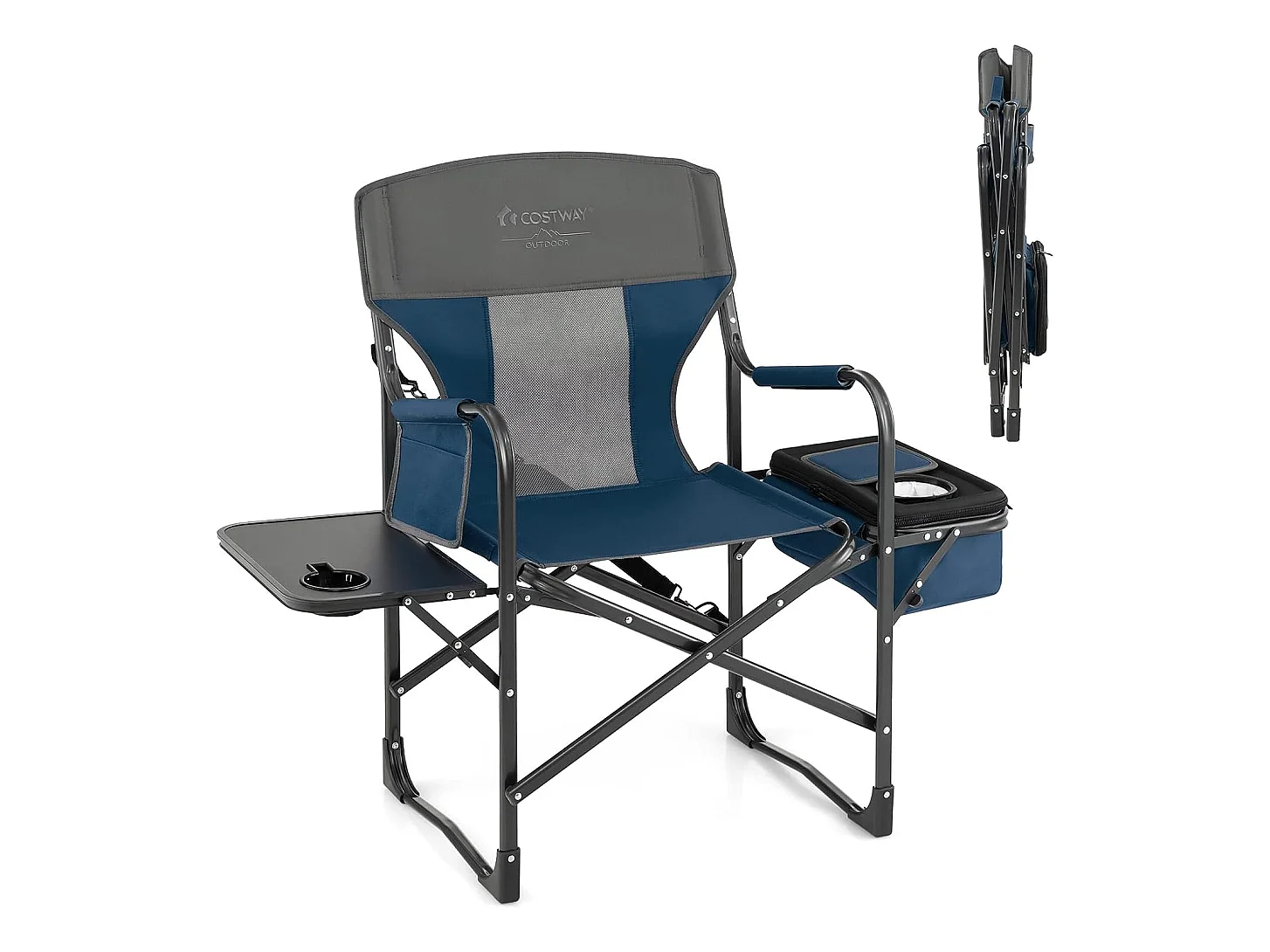Chaise de Camping Pliante avec Table Latérale et Sac Isotherme Charge 180KG, avec Sangle (Bleu)