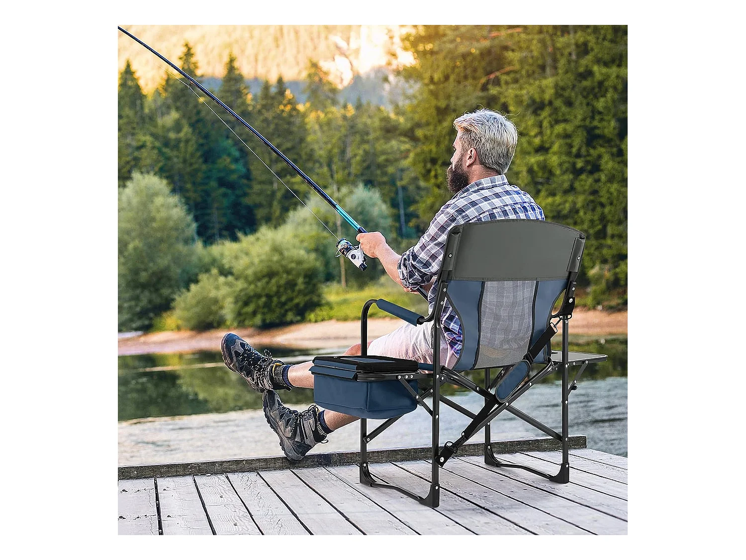 Chaise de Camping Pliante avec Table Latérale et Sac Isotherme Charge 180KG, avec Sangle (Bleu)