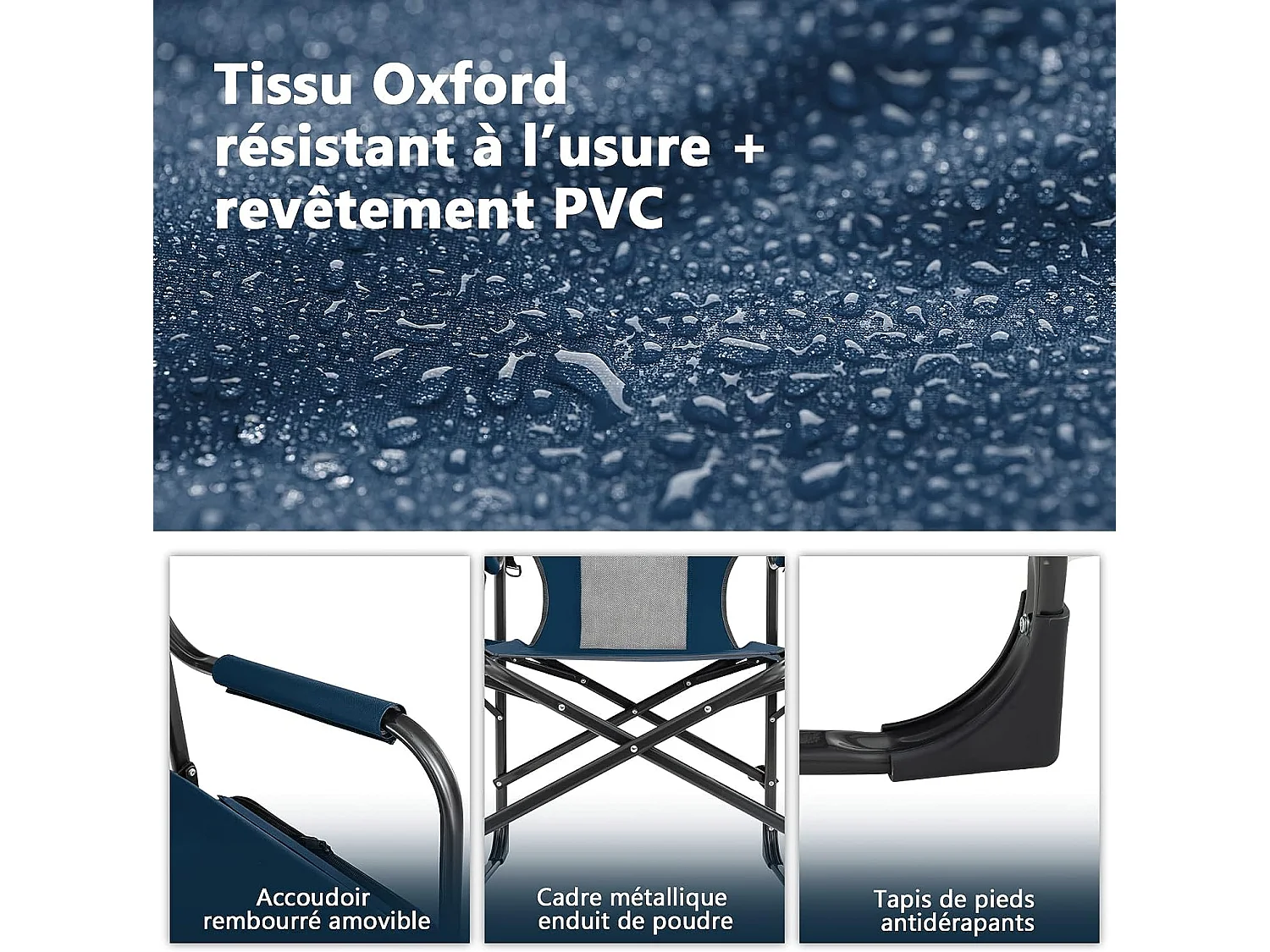 Chaise de Camping Pliante avec Table Latérale et Sac Isotherme Charge 180KG, avec Sangle (Bleu)