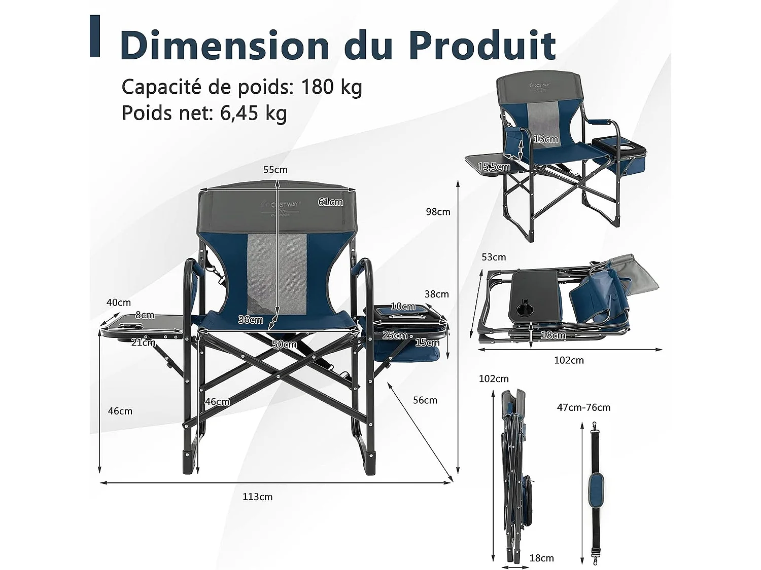 Chaise de Camping Pliante avec Table Latérale et Sac Isotherme Charge 180KG, avec Sangle (Bleu)