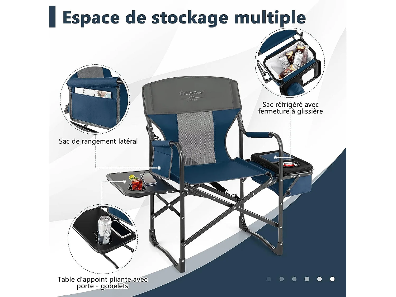 Chaise de Camping Pliante avec Table Latérale et Sac Isotherme Charge 180KG, avec Sangle (Bleu)