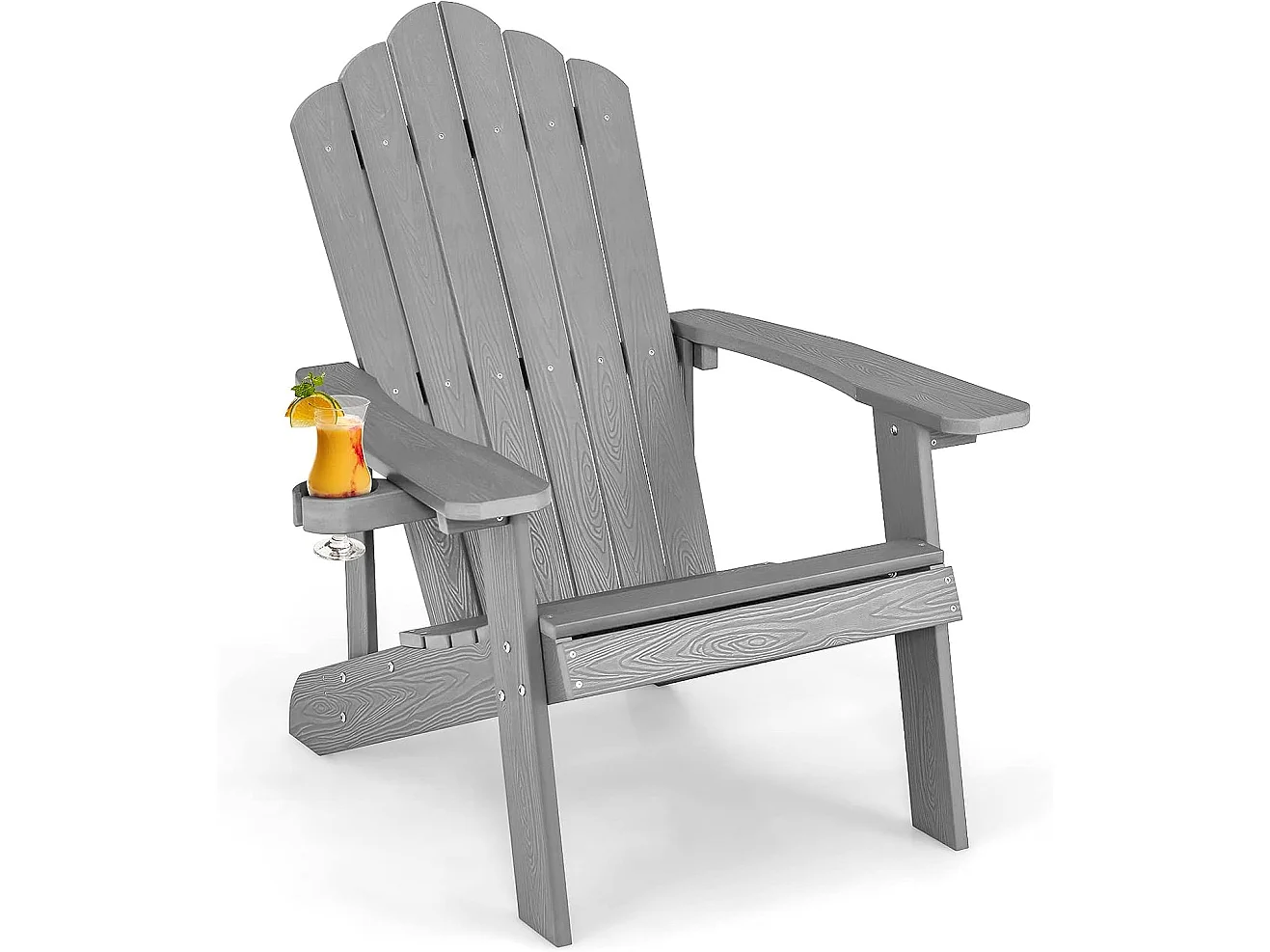 Fauteuil de Jardin Adirondack en HIPS Grain de Bois Réaliste, Chaise d'Extérieur Imperméable avec Porte-Gobelet Charge 170KG, pour Jardin Piscine Terrasse (Gris)