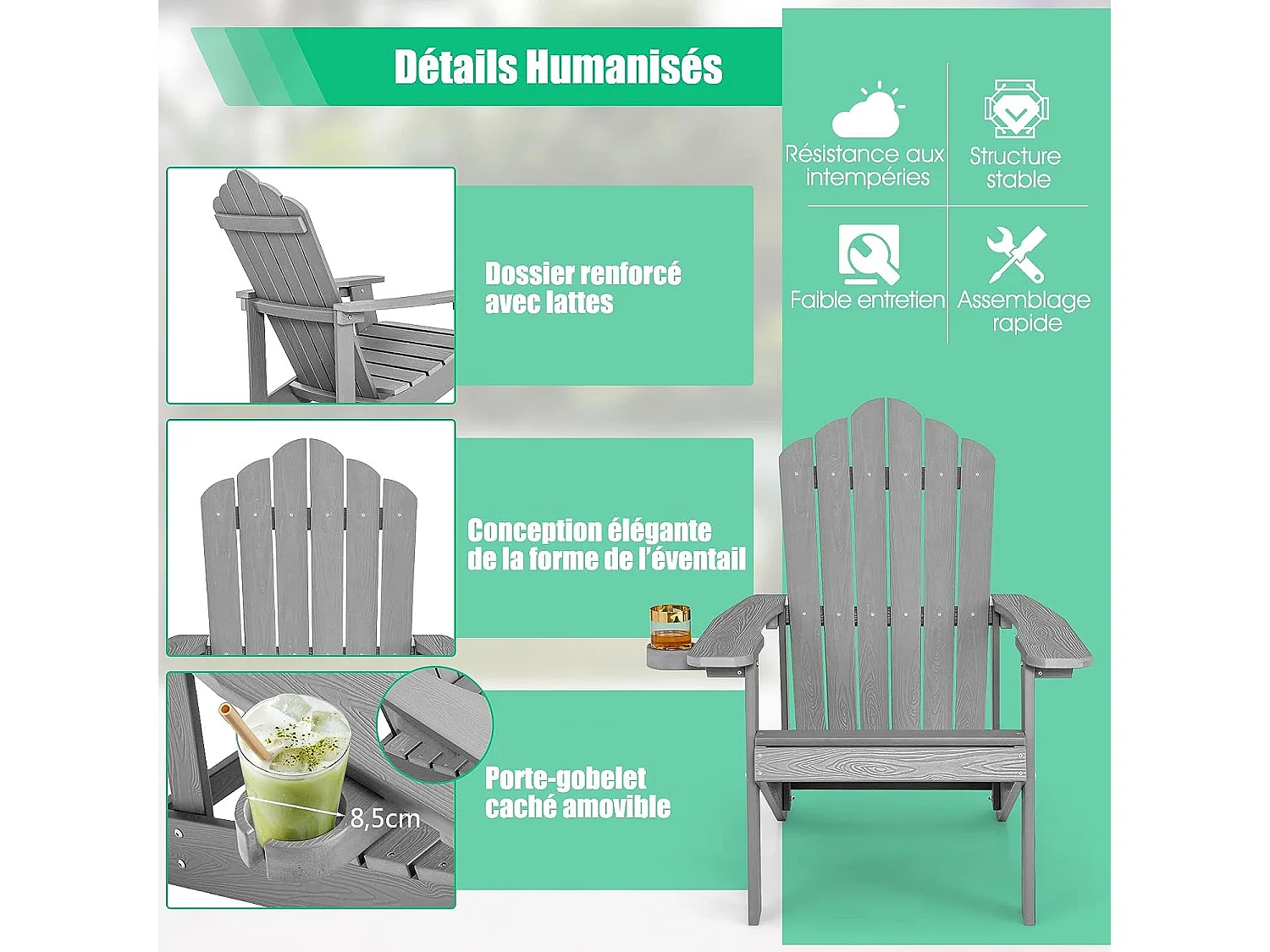 Fauteuil de Jardin Adirondack en HIPS Grain de Bois Réaliste, Chaise d'Extérieur Imperméable avec Porte-Gobelet Charge 170KG, pour Jardin Piscine Terrasse (Gris)