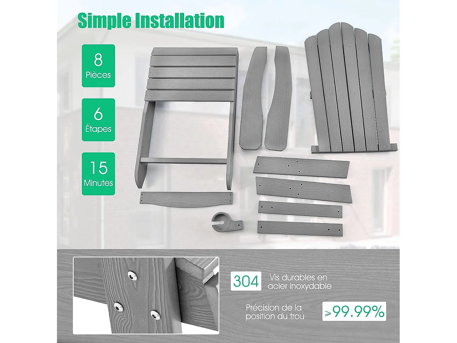 Fauteuil de Jardin Adirondack en HIPS Grain de Bois Réaliste, Chaise d'Extérieur Imperméable avec Porte-Gobelet Charge 170KG, pour Jardin Piscine Terrasse (Gris)