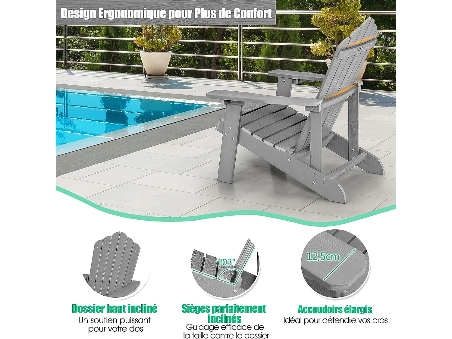 Fauteuil de Jardin Adirondack en HIPS Grain de Bois Réaliste, Chaise d'Extérieur Imperméable avec Porte-Gobelet Charge 170KG, pour Jardin Piscine Terrasse (Gris)