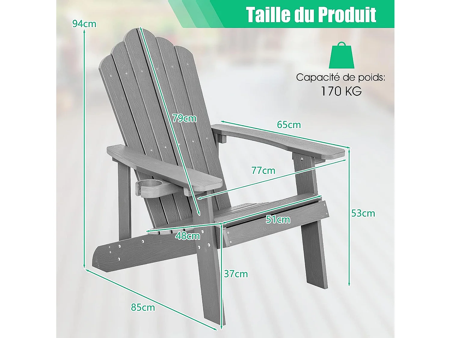 Fauteuil de Jardin Adirondack en HIPS Grain de Bois Réaliste, Chaise d'Extérieur Imperméable avec Porte-Gobelet Charge 170KG, pour Jardin Piscine Terrasse (Gris)