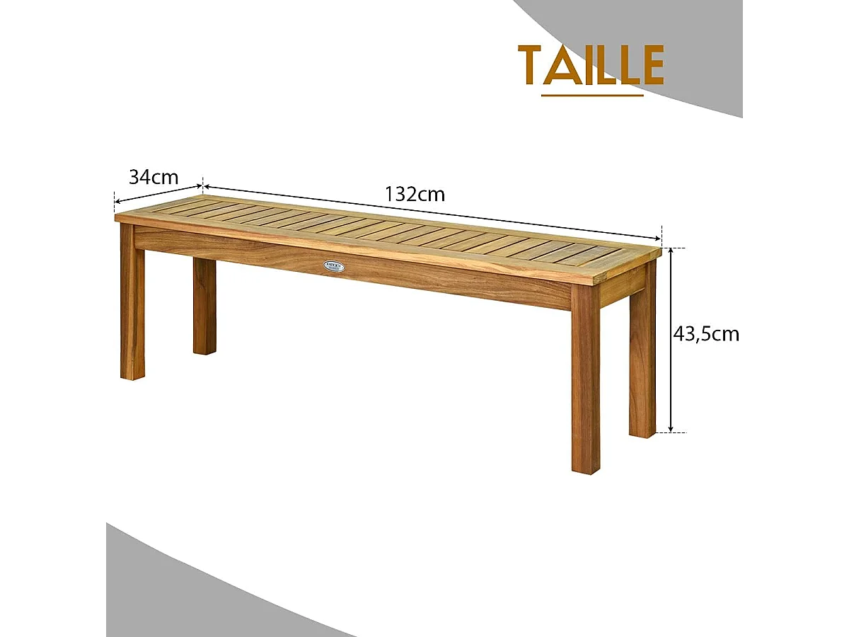 Banc de Jardin en Bois d’Acacia 132 x 34 x 43,5CM avec Pieds en U Charge Max 360KG