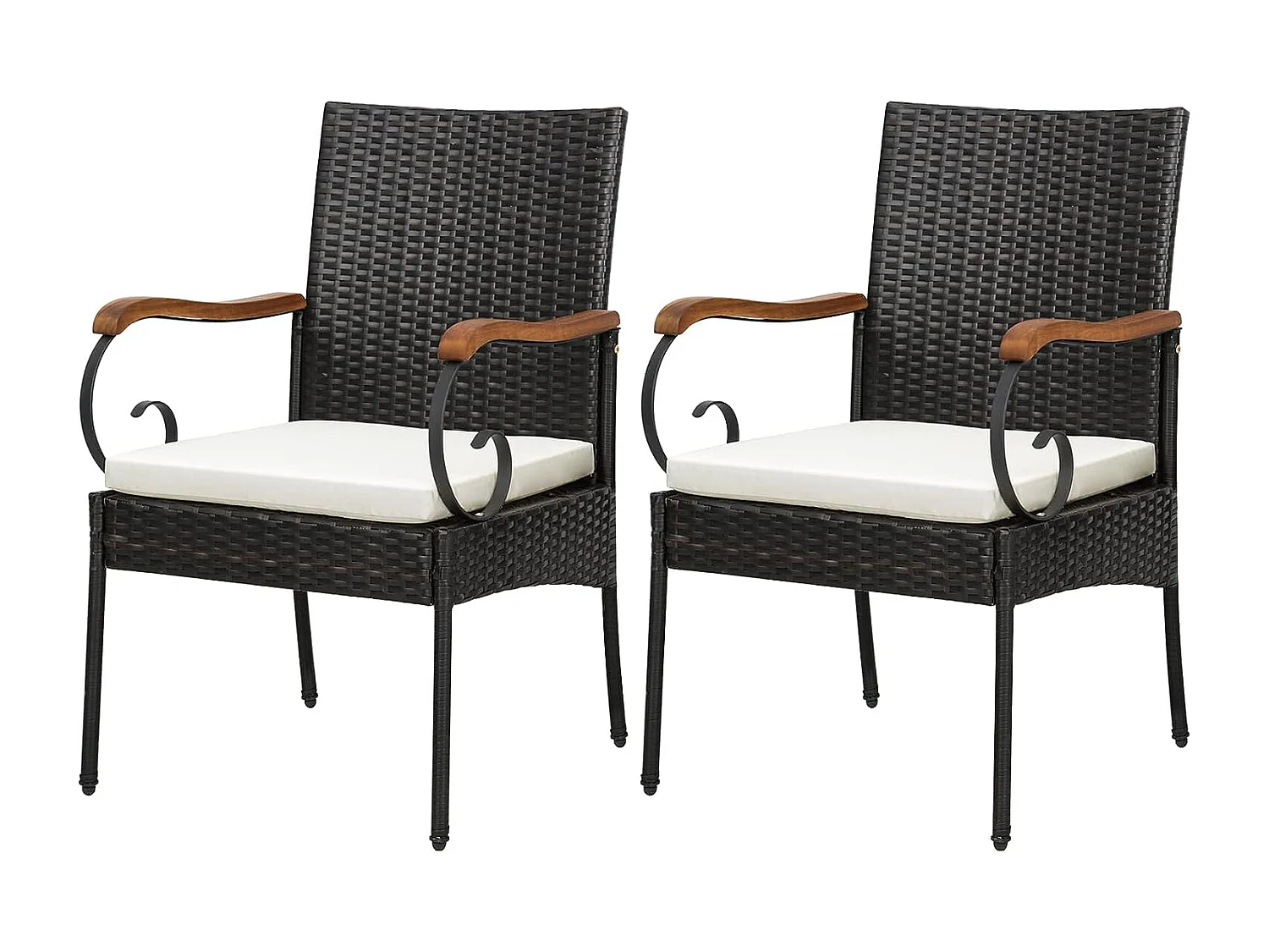 Fauteuil de Jardin Lot de 2 avec Coussins, Chaise Exterieur en Rotin et fibre naturelle PE avec Accoudoirs en Bois, Hauteur d'Assise 40 cm