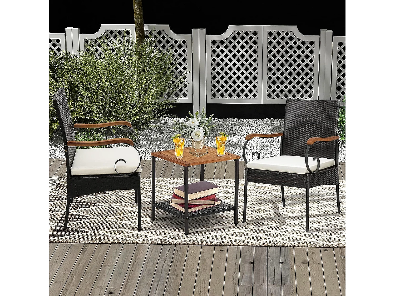 Fauteuil de Jardin Lot de 2 avec Coussins, Chaise Exterieur en Rotin et fibre naturelle PE avec Accoudoirs en Bois, Hauteur d'Assise 40 cm