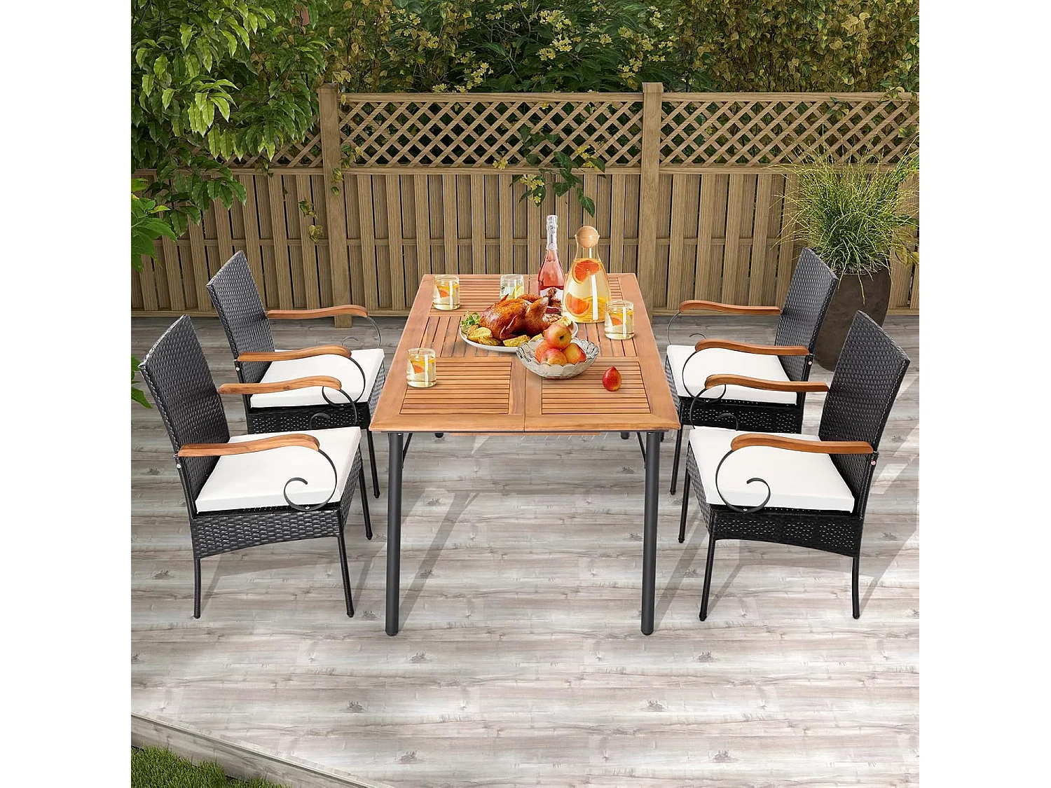 Fauteuil de Jardin Lot de 2 avec Coussins, Chaise Exterieur en Rotin et fibre naturelle PE avec Accoudoirs en Bois, Hauteur d'Assise 40 cm