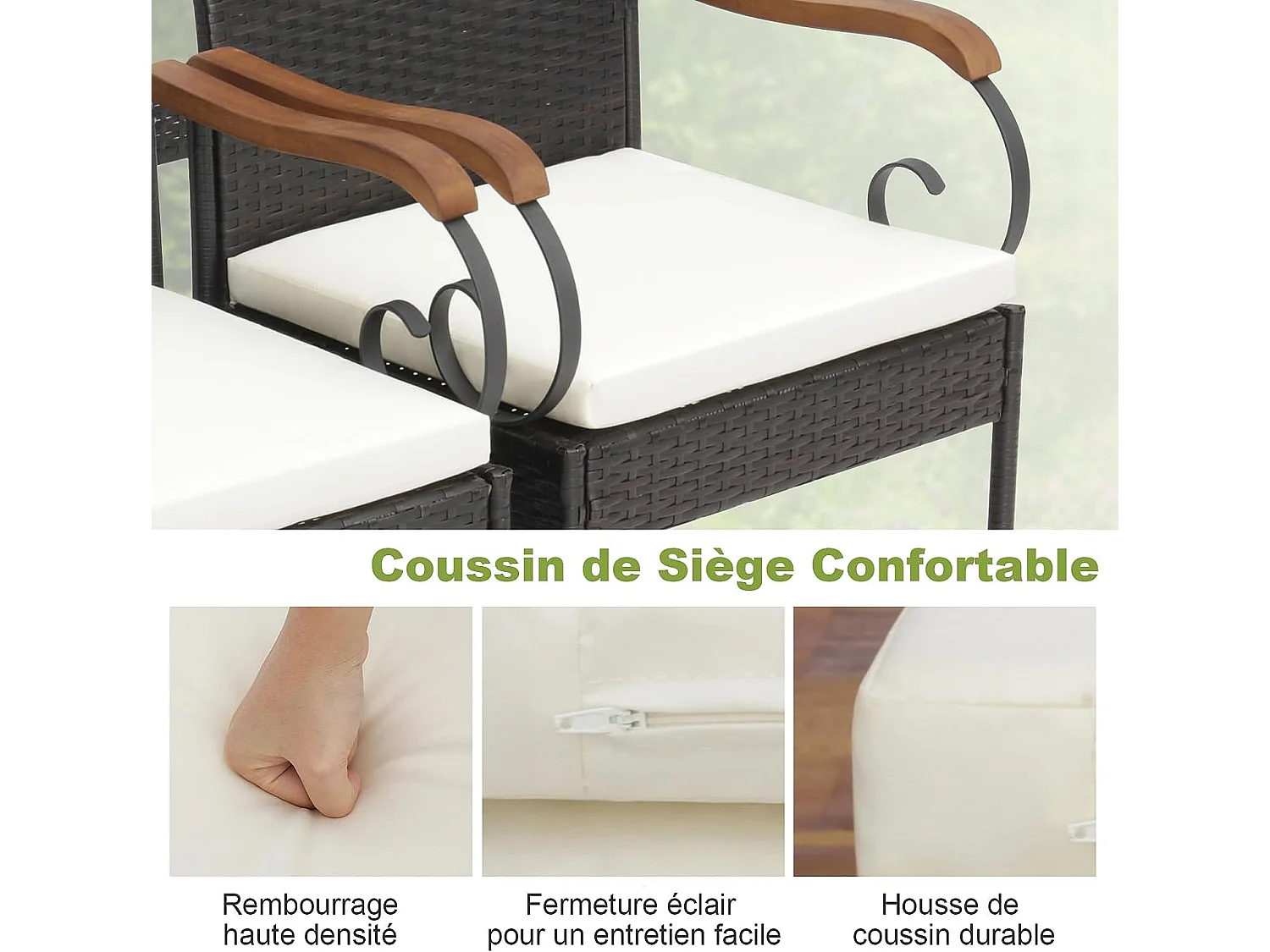 Fauteuil de Jardin Lot de 2 avec Coussins, Chaise Exterieur en Rotin et fibre naturelle PE avec Accoudoirs en Bois, Hauteur d'Assise 40 cm