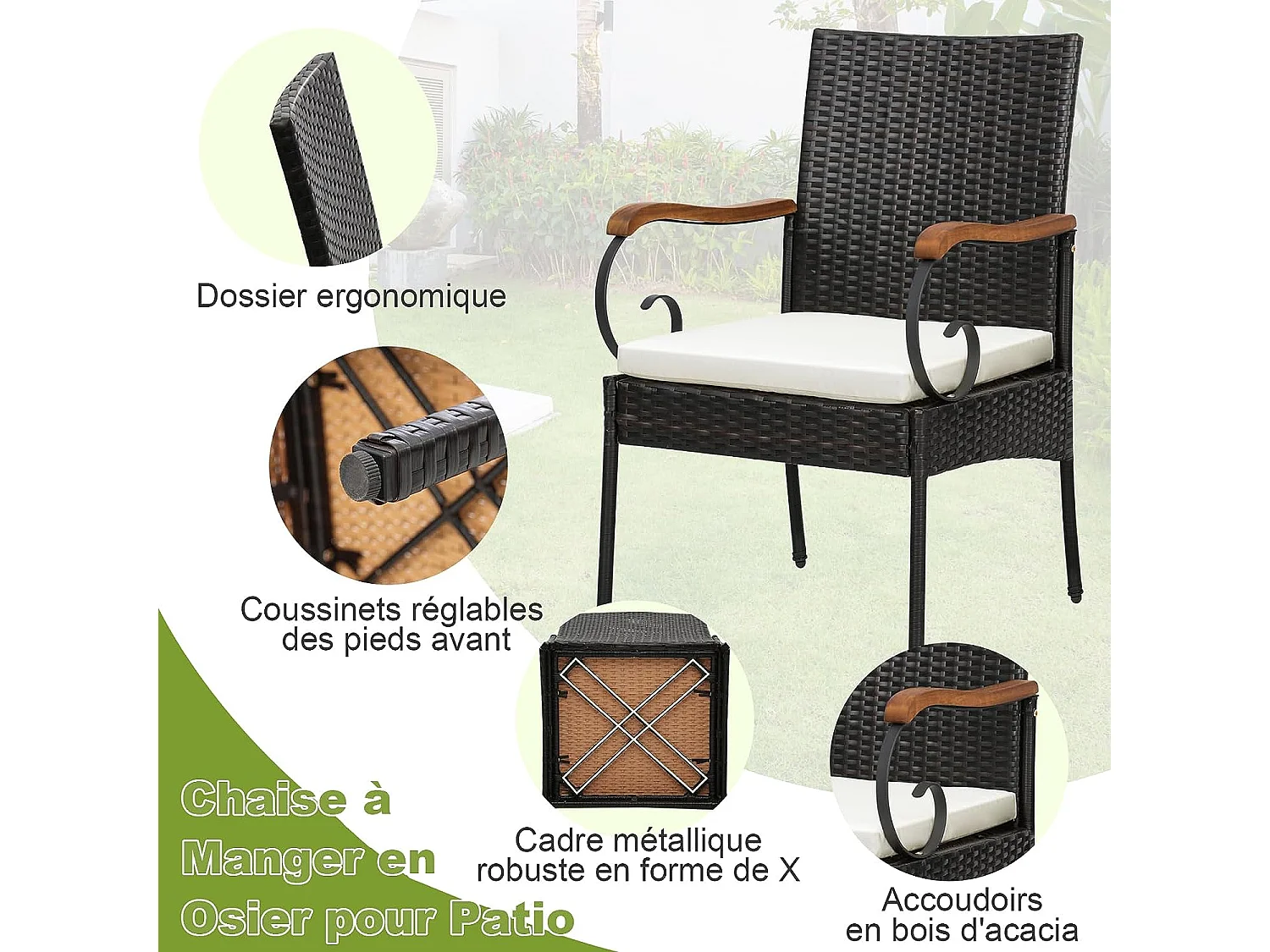 Fauteuil de Jardin Lot de 2 avec Coussins, Chaise Exterieur en Rotin et fibre naturelle PE avec Accoudoirs en Bois, Hauteur d'Assise 40 cm