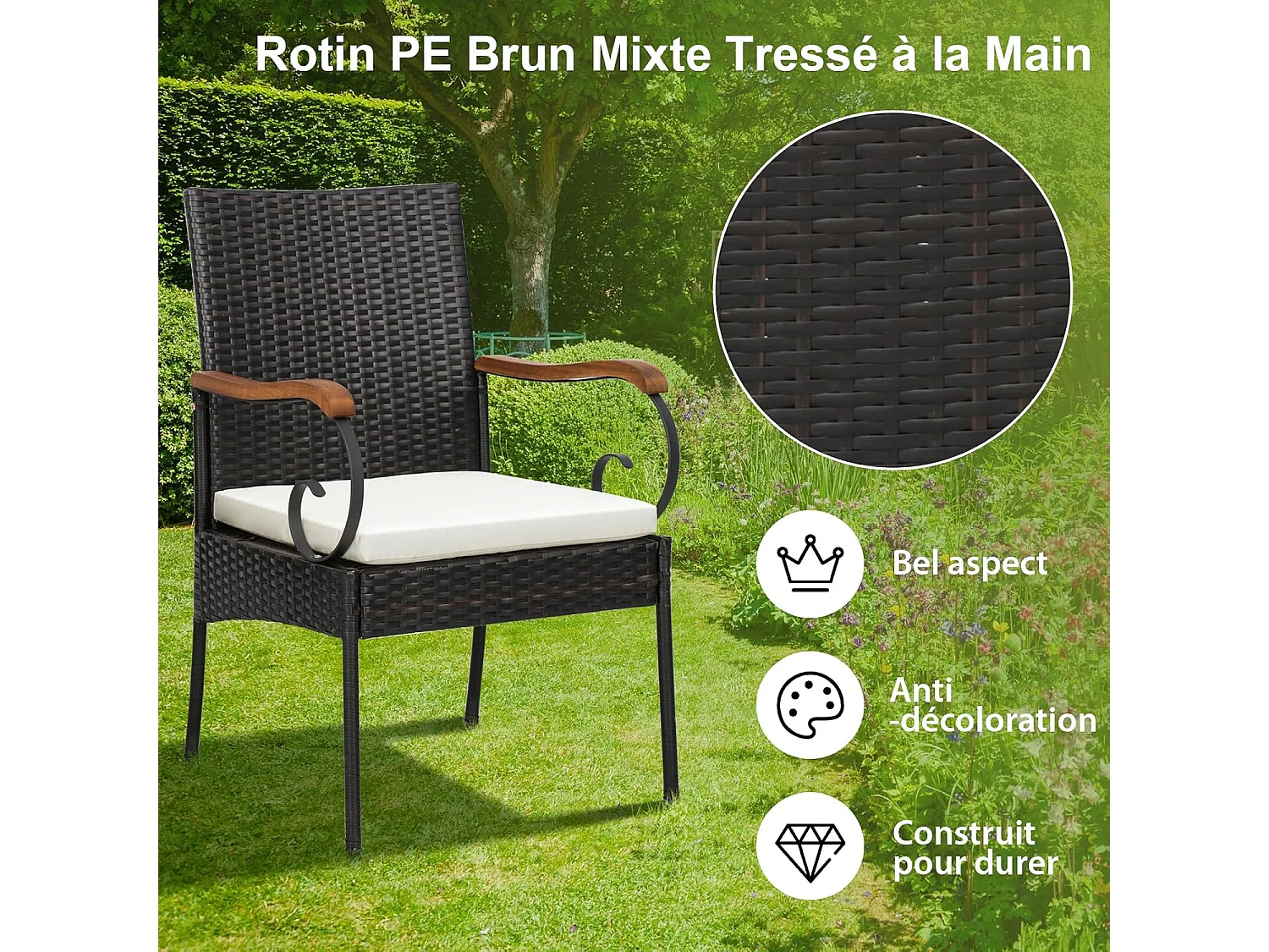 Fauteuil de Jardin Lot de 2 avec Coussins, Chaise Exterieur en Rotin et fibre naturelle PE avec Accoudoirs en Bois, Hauteur d'Assise 40 cm