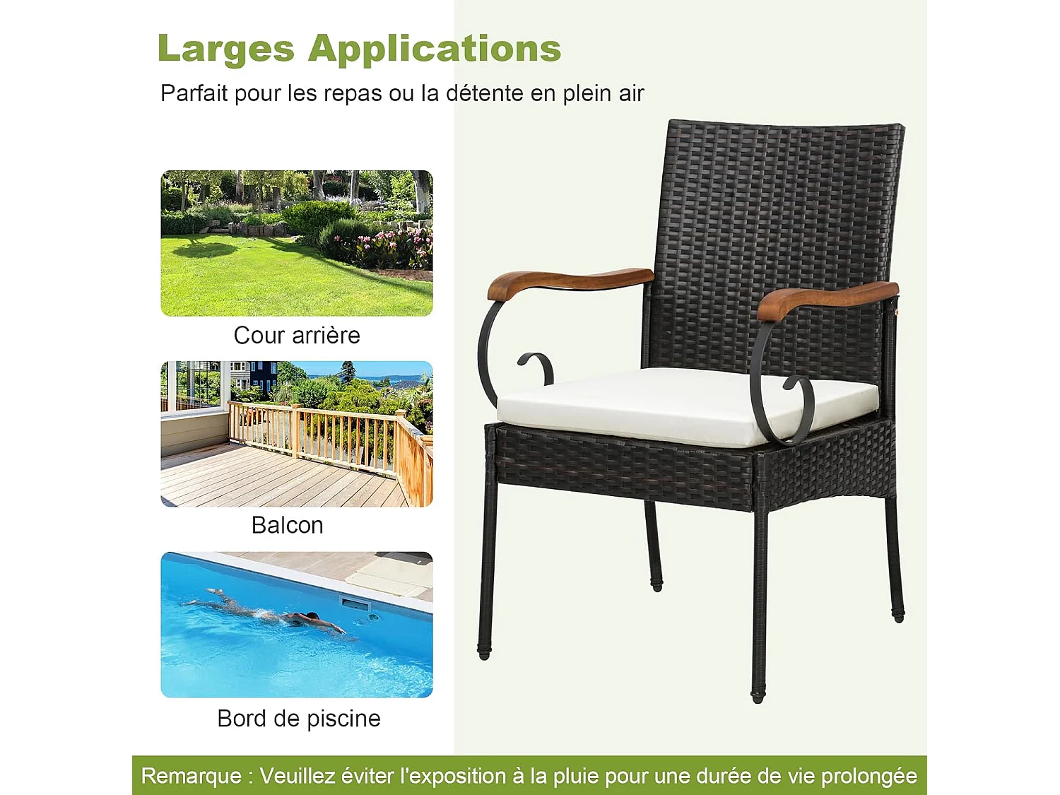 Fauteuil de Jardin Lot de 2 avec Coussins, Chaise Exterieur en Rotin et fibre naturelle PE avec Accoudoirs en Bois, Hauteur d'Assise 40 cm