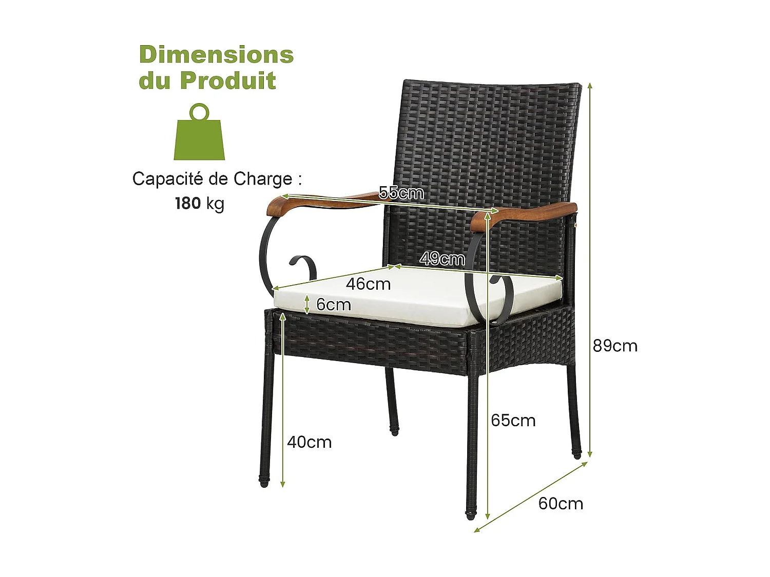 Fauteuil de Jardin Lot de 2 avec Coussins, Chaise Exterieur en Rotin et fibre naturelle PE avec Accoudoirs en Bois, Hauteur d'Assise 40 cm