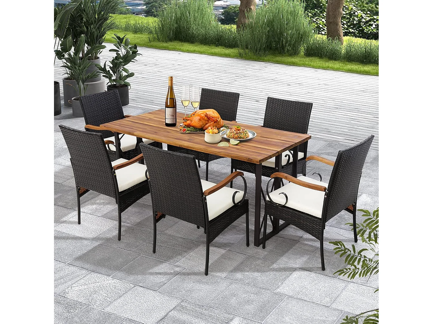 Fauteuil de Jardin Lot de 2 avec Coussins, Chaise Exterieur en Rotin et fibre naturelle PE avec Accoudoirs en Bois, Hauteur d'Assise 40 cm