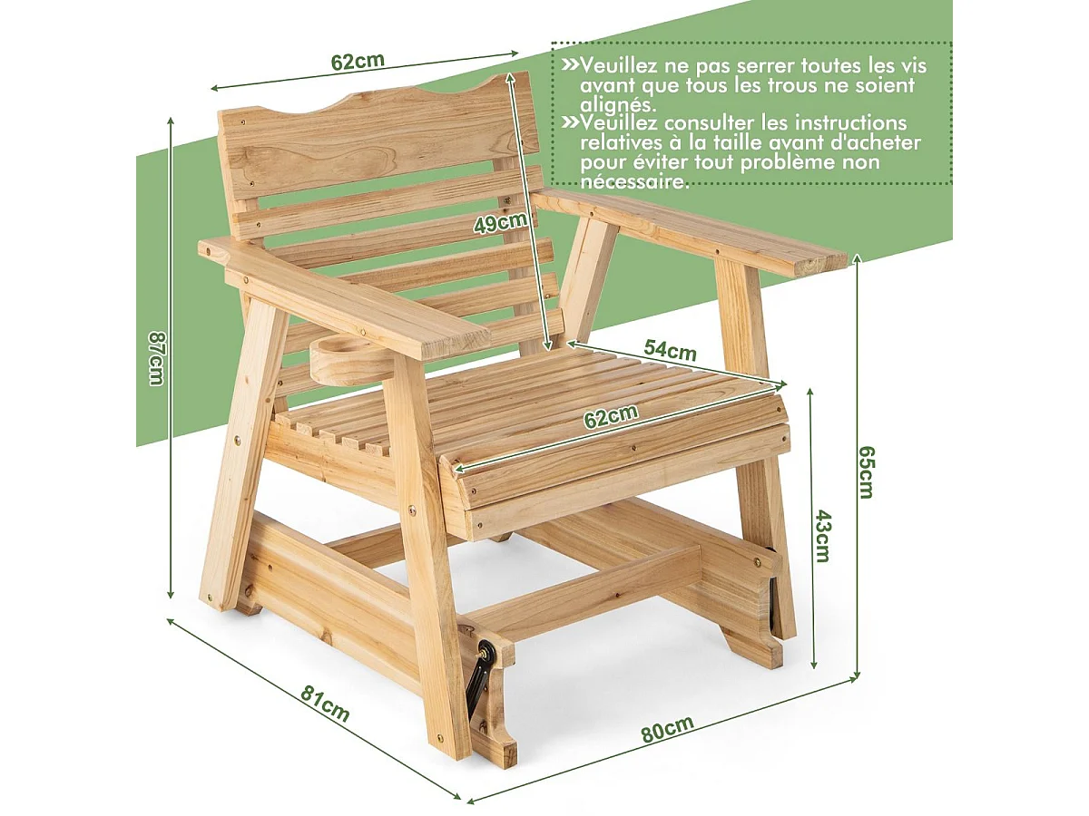 Fauteuil à Bascule de Jardin en Bois de Sapin, 80x81x87cm