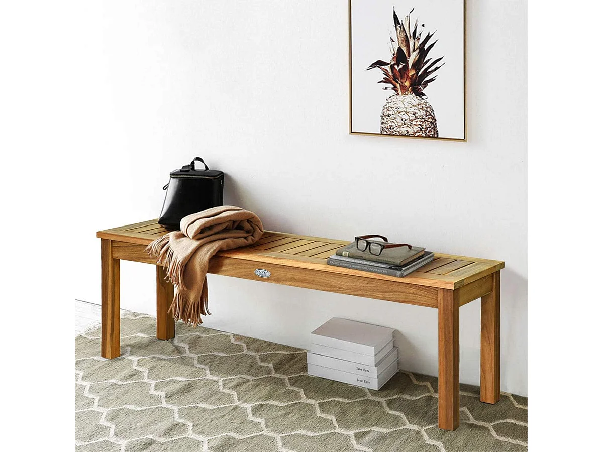 Banc de Jardin en Bois d’Acacia, Banc de Terrasse sans Dossier avec Assise à Lattes, 132 x 34 x 43,5 CM, Charge Max 360KG