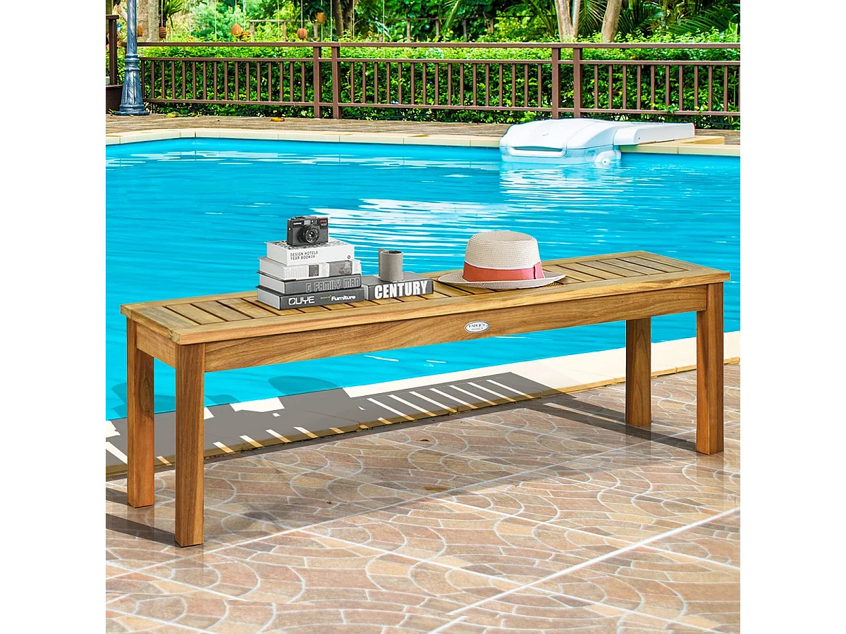 Banc de Jardin en Bois d’Acacia, Banc de Terrasse sans Dossier avec Assise à Lattes, 132 x 34 x 43,5 CM, Charge Max 360KG