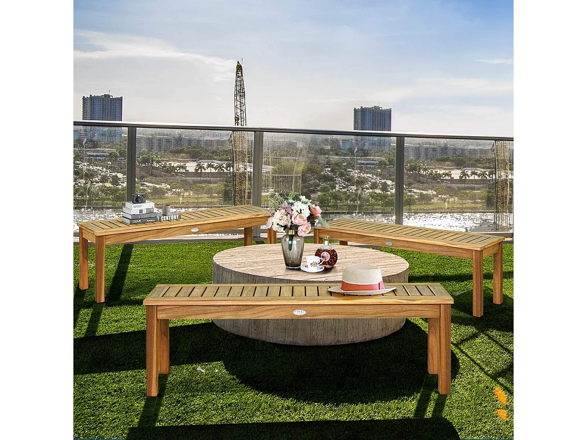 Banc de Jardin en Bois d’Acacia, Banc de Terrasse sans Dossier avec Assise à Lattes, 132 x 34 x 43,5 CM, Charge Max 360KG