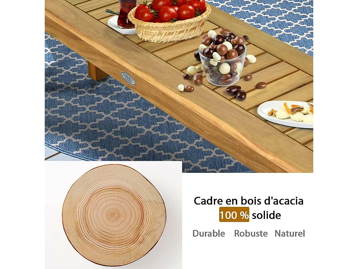 Banc de Jardin en Bois d’Acacia, Banc de Terrasse sans Dossier avec Assise à Lattes, 132 x 34 x 43,5 CM, Charge Max 360KG