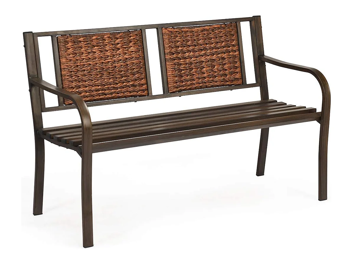 Banc de Jardin 2-3 Places avec Dossier en Rotin et fibre naturelle et Accoudoirs Cadre en Fer Charge 228 kg Cour Pelouse Distance le Sol 43 cm