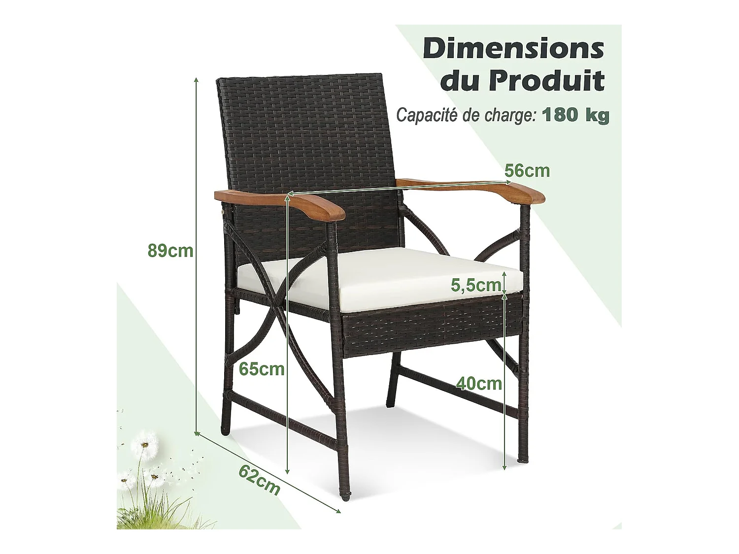Fauteuil de Jardin Éxterieur Lot de 2 avec Coussins, Hauteur d'Assise 40 cm