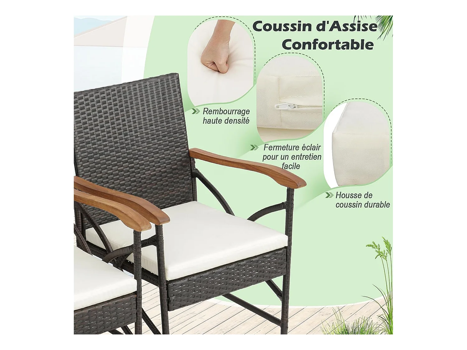 Fauteuil de Jardin Éxterieur Lot de 2 avec Coussins, Hauteur d'Assise 40 cm