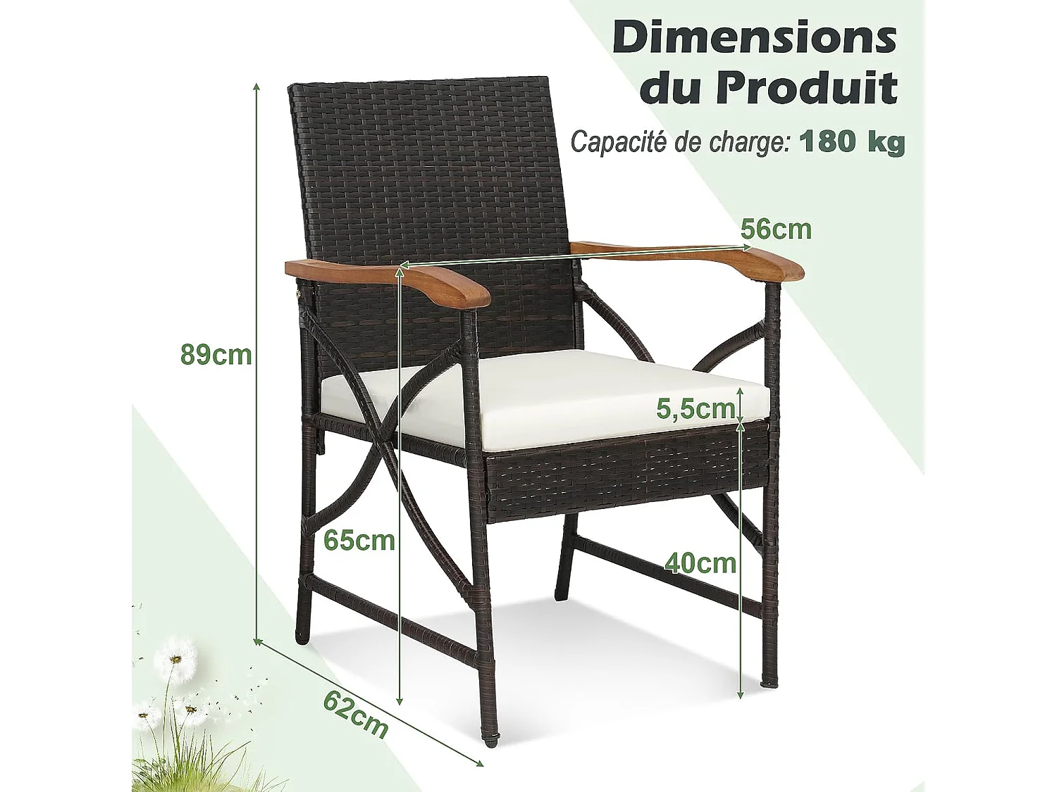 Fauteuil de Jardin Éxterieur Lot de 2 avec Coussins, Hauteur d'Assise 40 cm