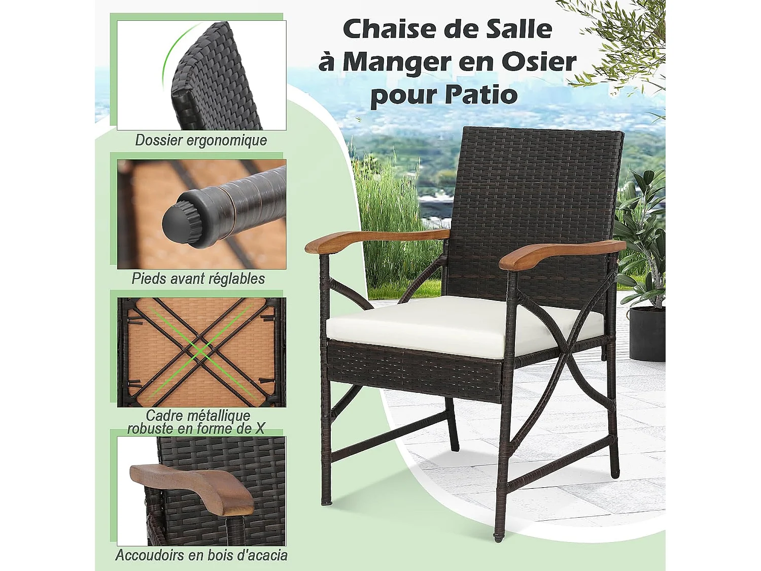 Fauteuil de Jardin Éxterieur Lot de 2 avec Coussins, Hauteur d'Assise 40 cm
