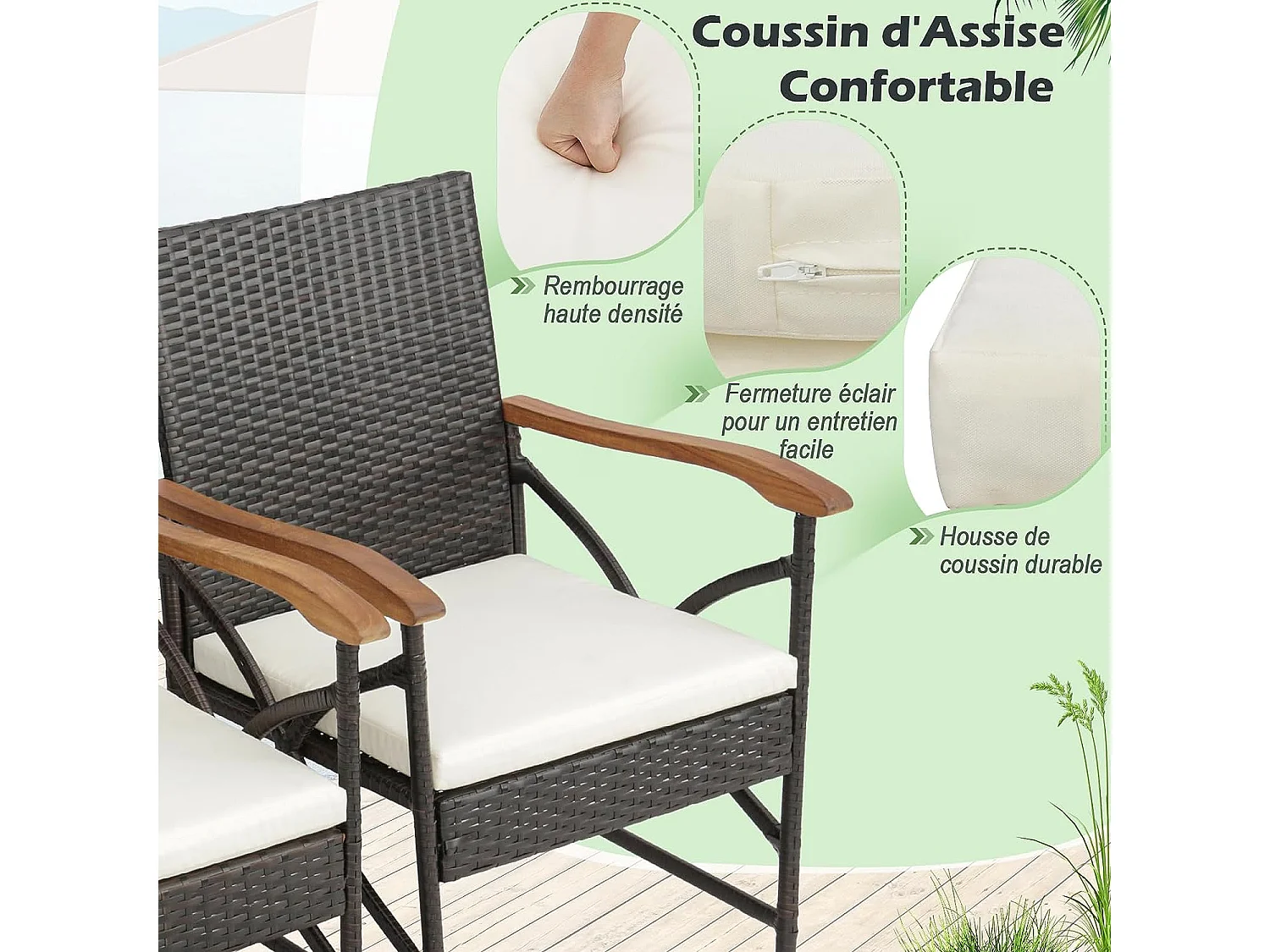 Fauteuil de Jardin Éxterieur Lot de 2 avec Coussins, Hauteur d'Assise 40 cm