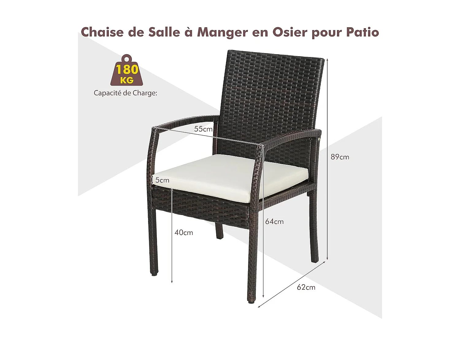 Fauteuil de Jardin Éxterieur Lot de 2 avec Coussins, Chaise Jardin Exterieur en Rotin et fibre naturelle PE, Hauteur d'Assise 40 cm, pour Jardin, Terrasse, Patio