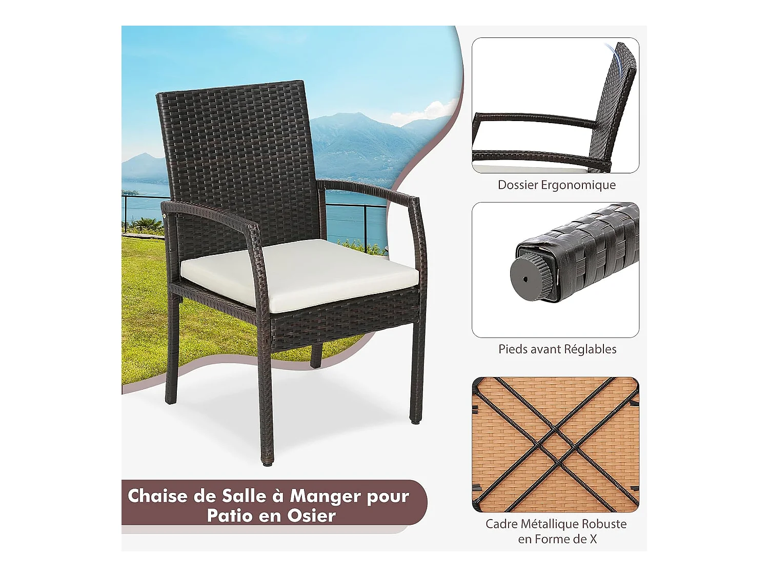 Fauteuil de Jardin Éxterieur Lot de 2 avec Coussins, Chaise Jardin Exterieur en Rotin et fibre naturelle PE, Hauteur d'Assise 40 cm, pour Jardin, Terrasse, Patio