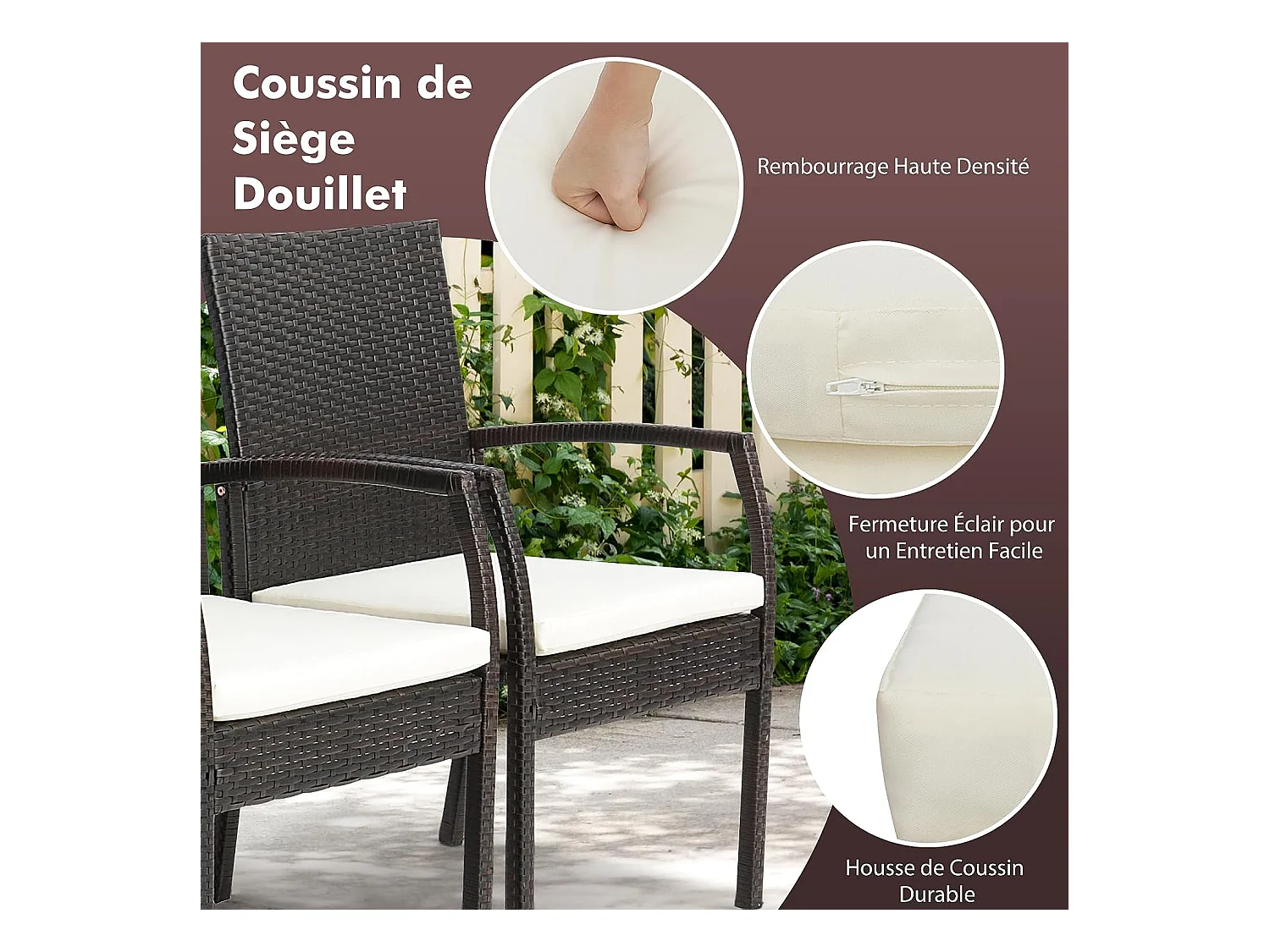 Fauteuil de Jardin Éxterieur Lot de 2 avec Coussins, Chaise Jardin Exterieur en Rotin et fibre naturelle PE, Hauteur d'Assise 40 cm, pour Jardin, Terrasse, Patio