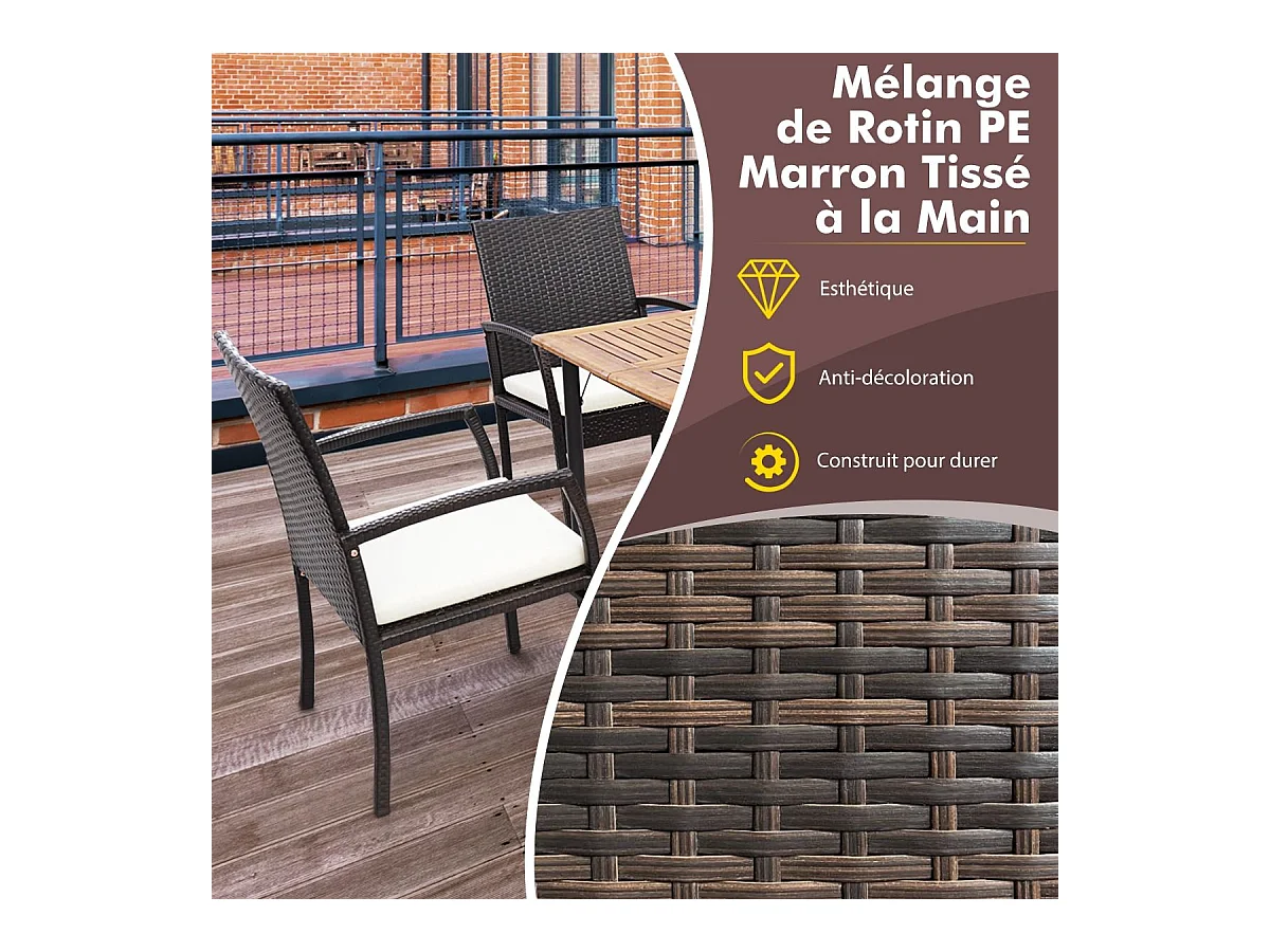 Fauteuil de Jardin Éxterieur Lot de 2 avec Coussins, Chaise Jardin Exterieur en Rotin et fibre naturelle PE, Hauteur d'Assise 40 cm, pour Jardin, Terrasse, Patio