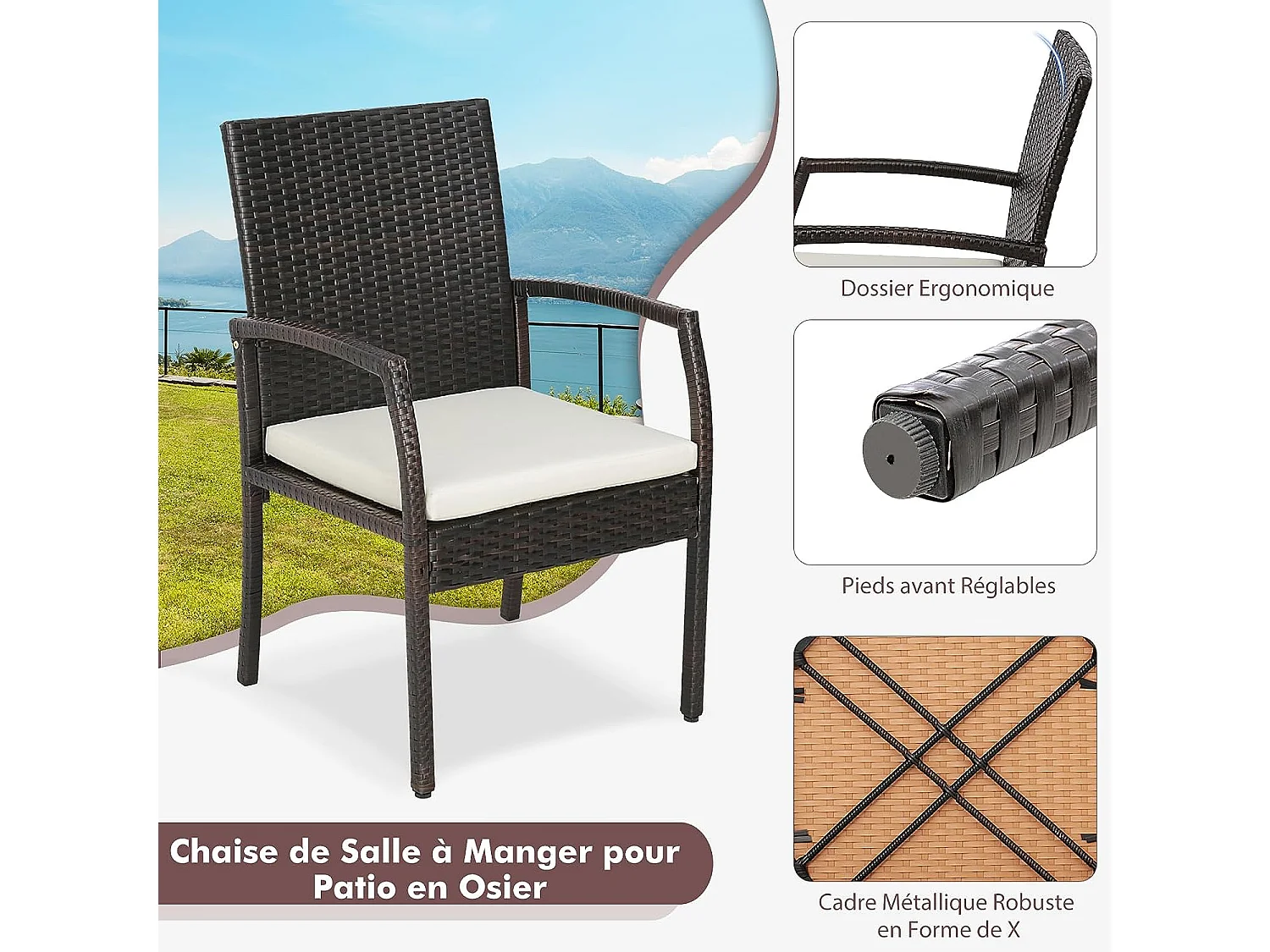 Fauteuil de Jardin Éxterieur Lot de 2 avec Coussins, Chaise Jardin Exterieur en Rotin et fibre naturelle PE, Hauteur d'Assise 40 cm, pour Jardin, Terrasse, Patio