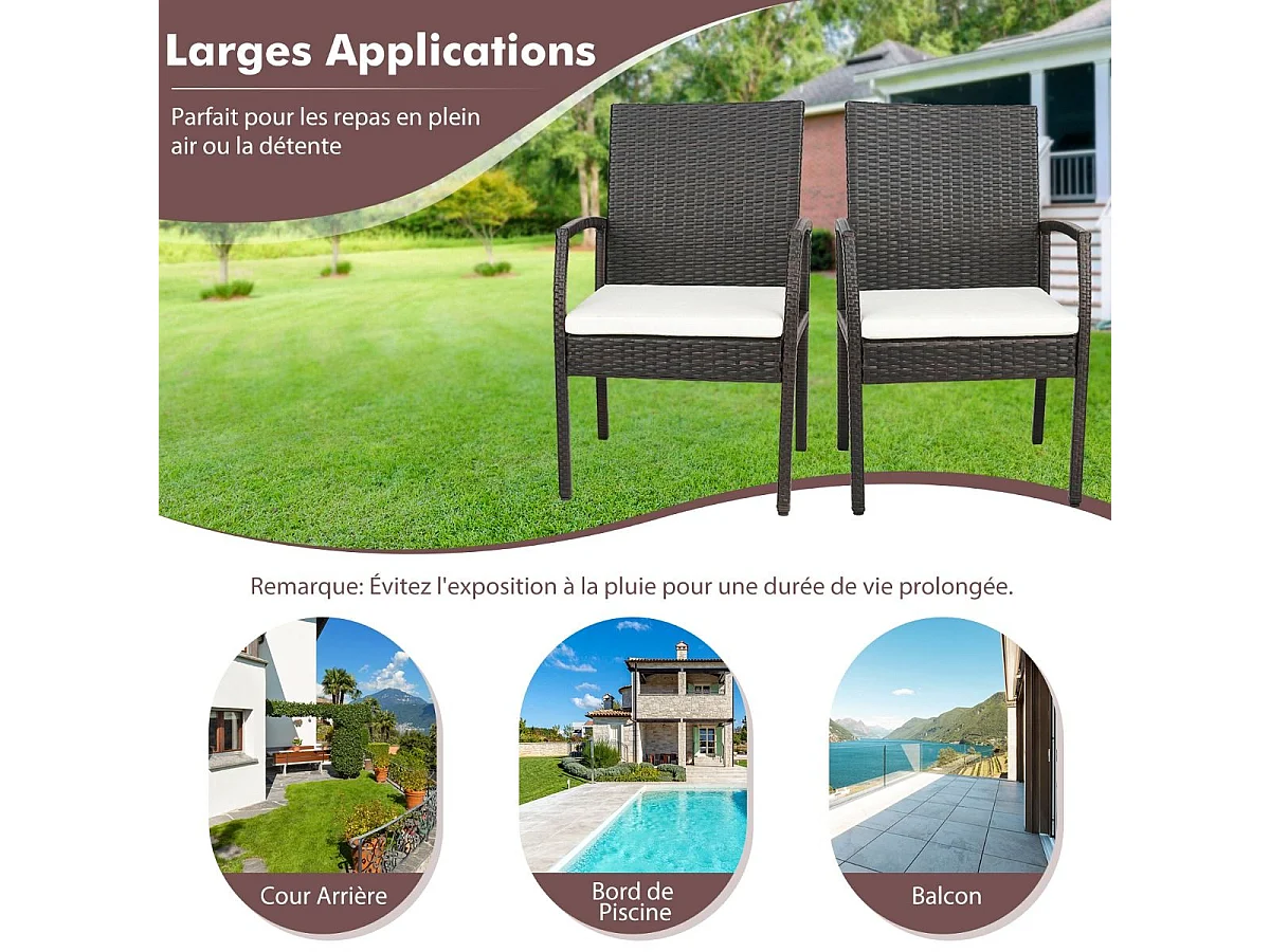 Fauteuil de Jardin Éxterieur Lot de 2 avec Coussins, Chaise Jardin Exterieur en Rotin et fibre naturelle PE, Hauteur d'Assise 40 cm, pour Jardin, Terrasse, Patio