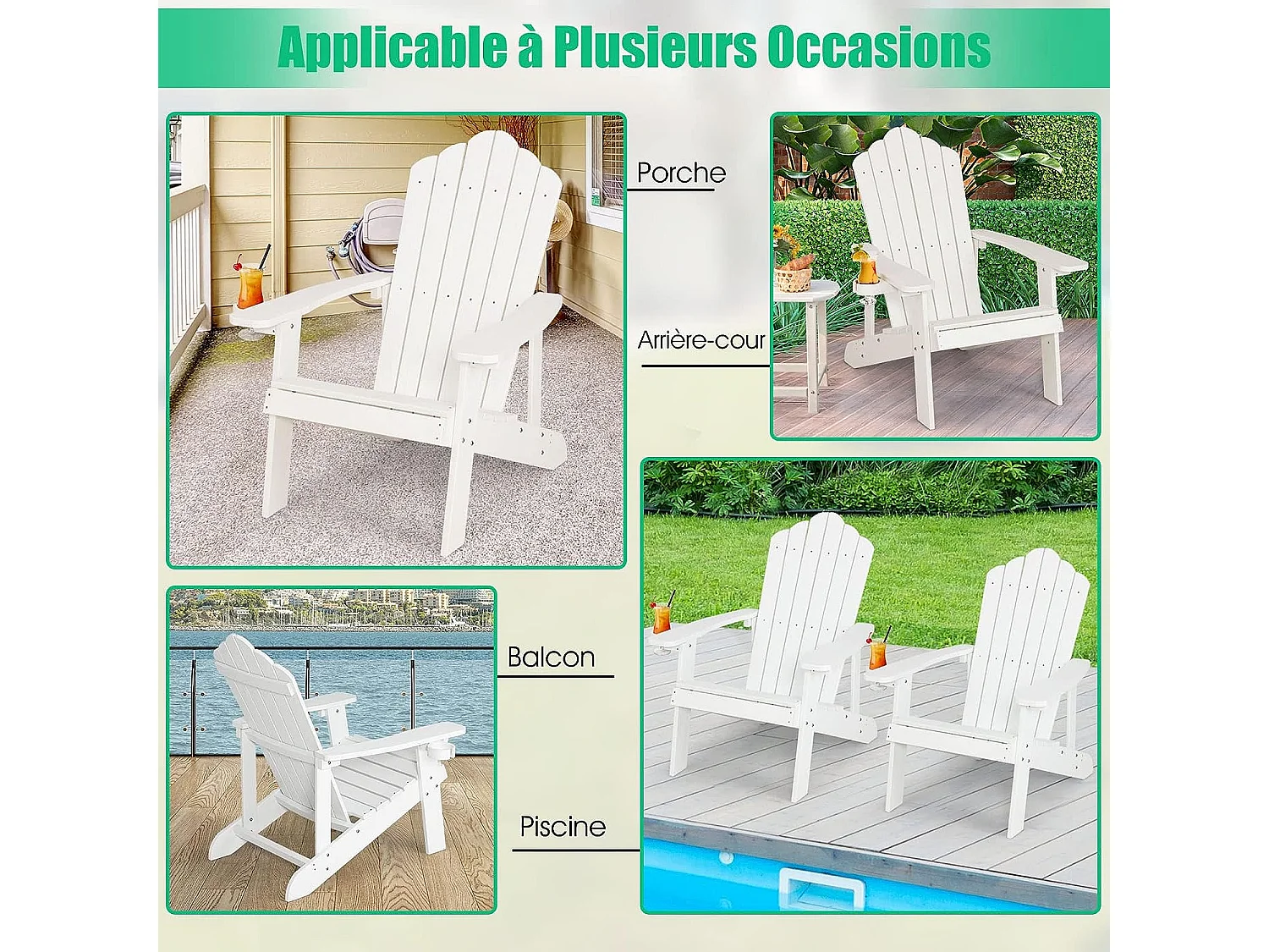 Fauteuil de Jardin Adirondack en HIPS Grain de Bois Réaliste, Chaise d'Extérieur Imperméable avec Porte-Gobelet Charge 170KG, pour Jardin Piscine Terrasse (Blanc)