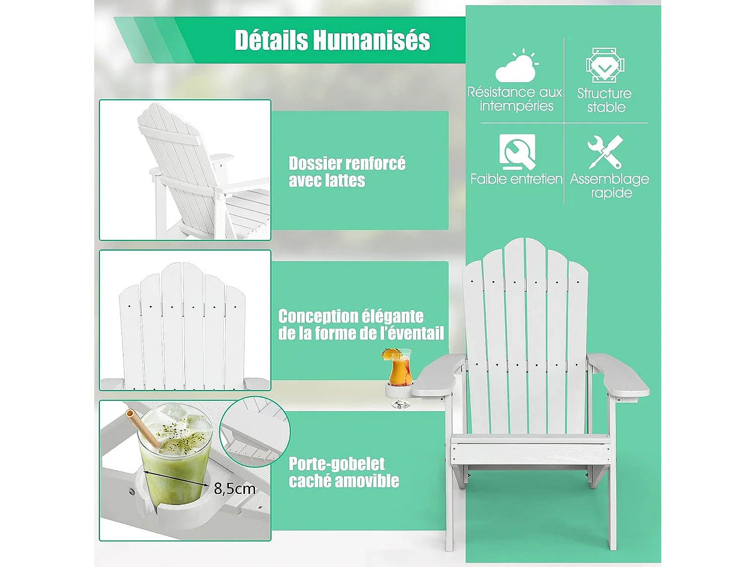 Fauteuil de Jardin Adirondack en HIPS Grain de Bois Réaliste, Chaise d'Extérieur Imperméable avec Porte-Gobelet Charge 170KG, pour Jardin Piscine Terrasse (Blanc)