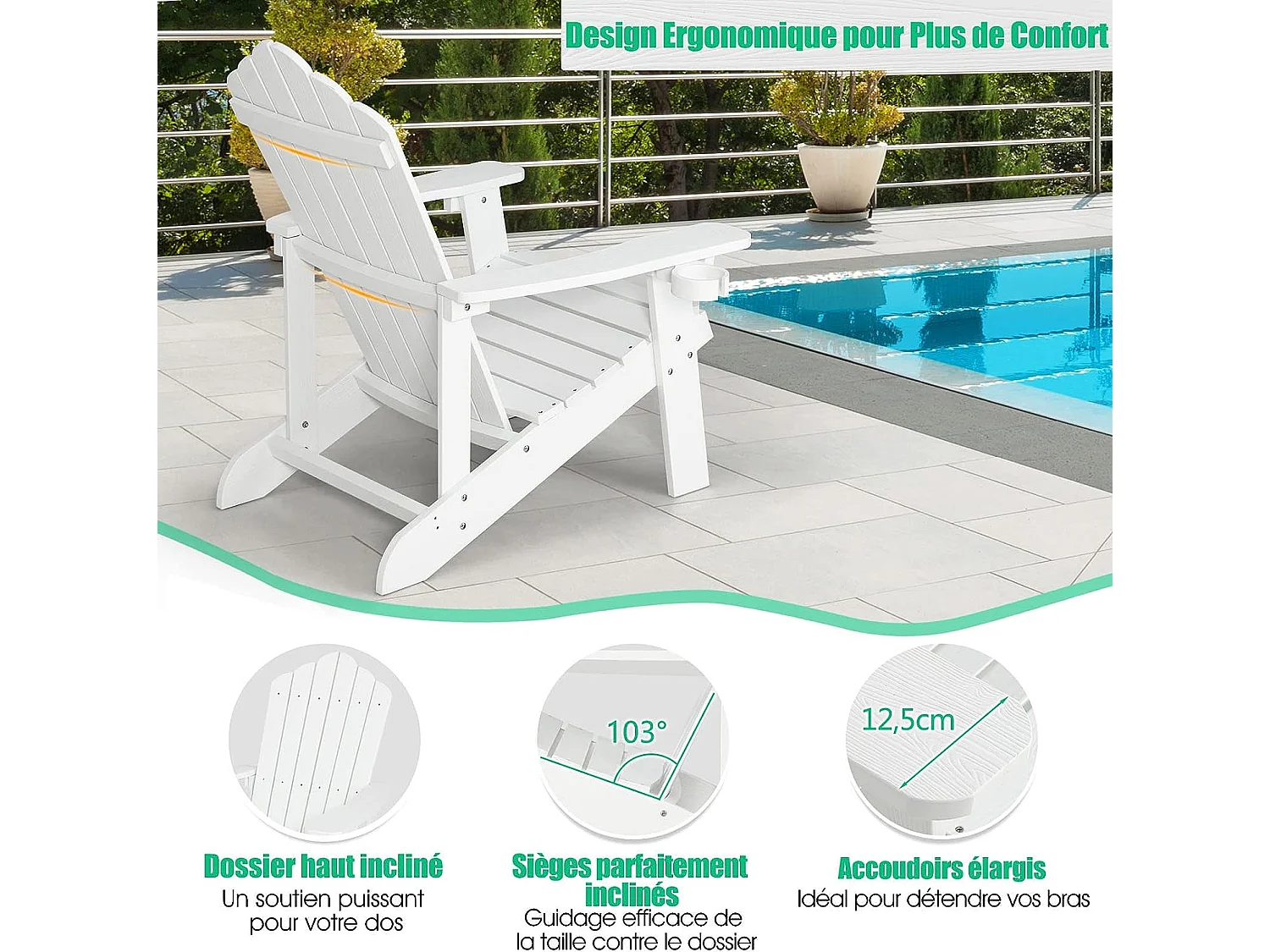 Fauteuil de Jardin Adirondack en HIPS Grain de Bois Réaliste, Chaise d'Extérieur Imperméable avec Porte-Gobelet Charge 170KG, pour Jardin Piscine Terrasse (Blanc)