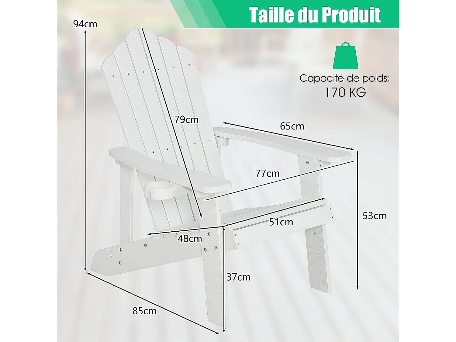 Fauteuil de Jardin Adirondack en HIPS Grain de Bois Réaliste, Chaise d'Extérieur Imperméable avec Porte-Gobelet Charge 170KG, pour Jardin Piscine Terrasse (Blanc)