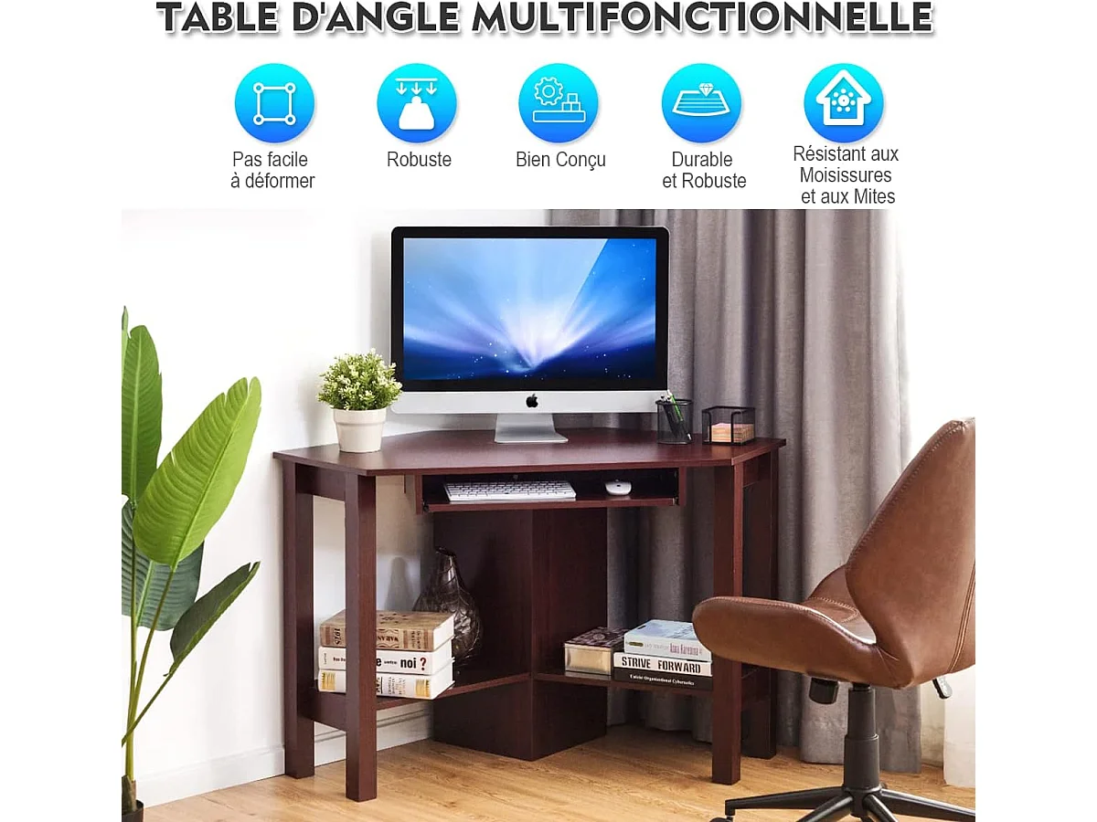 Bureau d’Angle Informatique pour Ordinateur Table en Bois avec Tiroir pour Clavier et Etagère de Rangement 120x60x77CM Brun