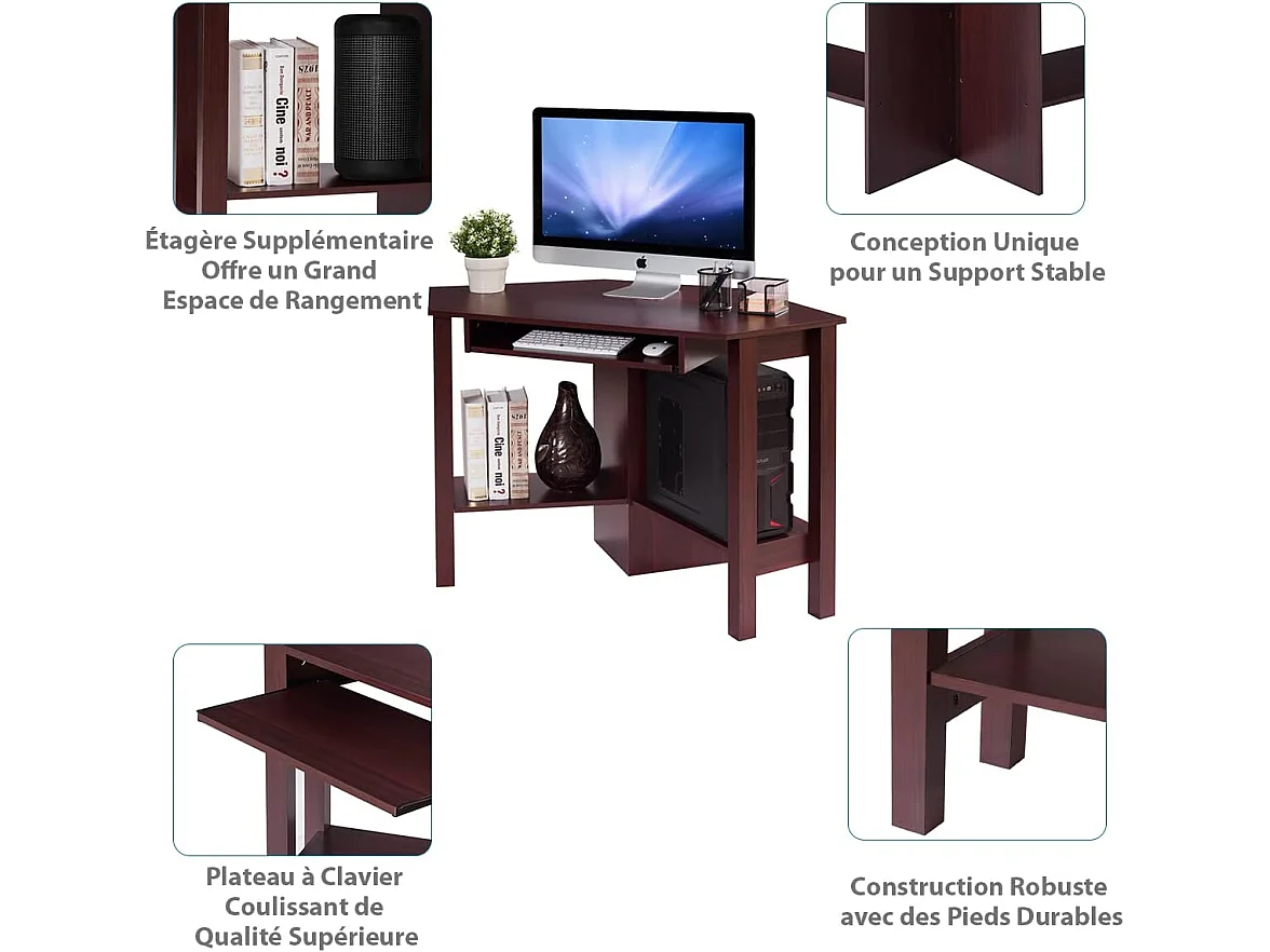 Bureau d’Angle Informatique pour Ordinateur Table en Bois avec Tiroir pour Clavier et Etagère de Rangement 120x60x77CM Brun