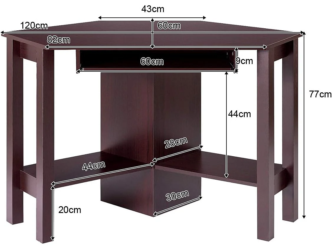 Bureau d’Angle Informatique pour Ordinateur Table en Bois avec Tiroir pour Clavier et Etagère de Rangement 120x60x77CM Brun